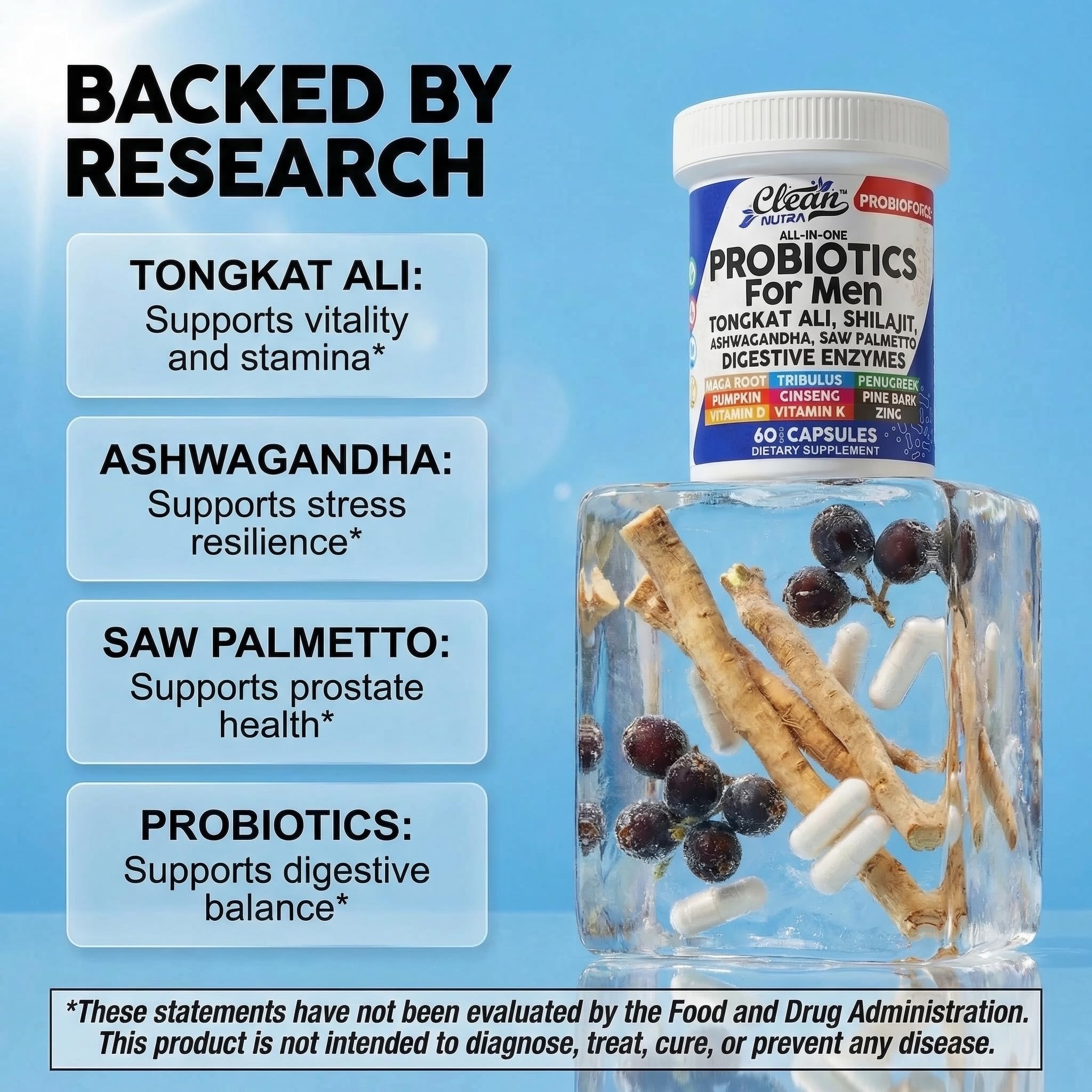 Clean Nutra Probiotics for Men | Tongkat Ali, Saw Palmetto, Tribulus, Ginseng, Ashwagandha, Maca, Pumpkin, Gingko Biloba, Pine Bark, Fenugreek, Shilajit, Zinc - Mens Probiotic 60 Capsules Clean Nutraceuticals buy supplements canada