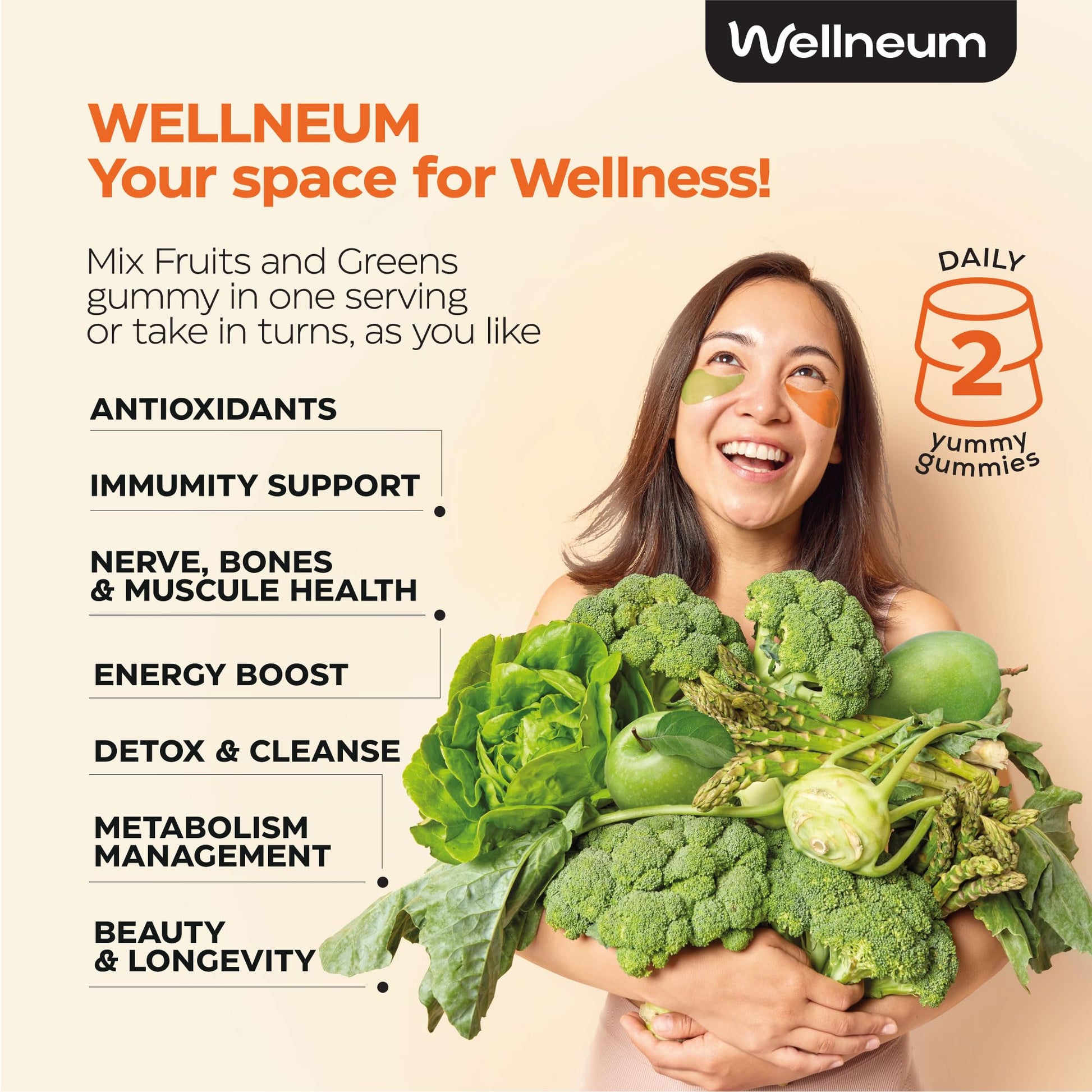 Super Greens + Super Fruits Gummies (Fruits/Greens Powder in Gummies Form) - 600mg Greens Blend + 600mg Fruits Blend for Immune Support, Sugar Free, Vegetarian, Non-GMO, 2-Pack (120 Gummies) Wellneum buy supplements canada