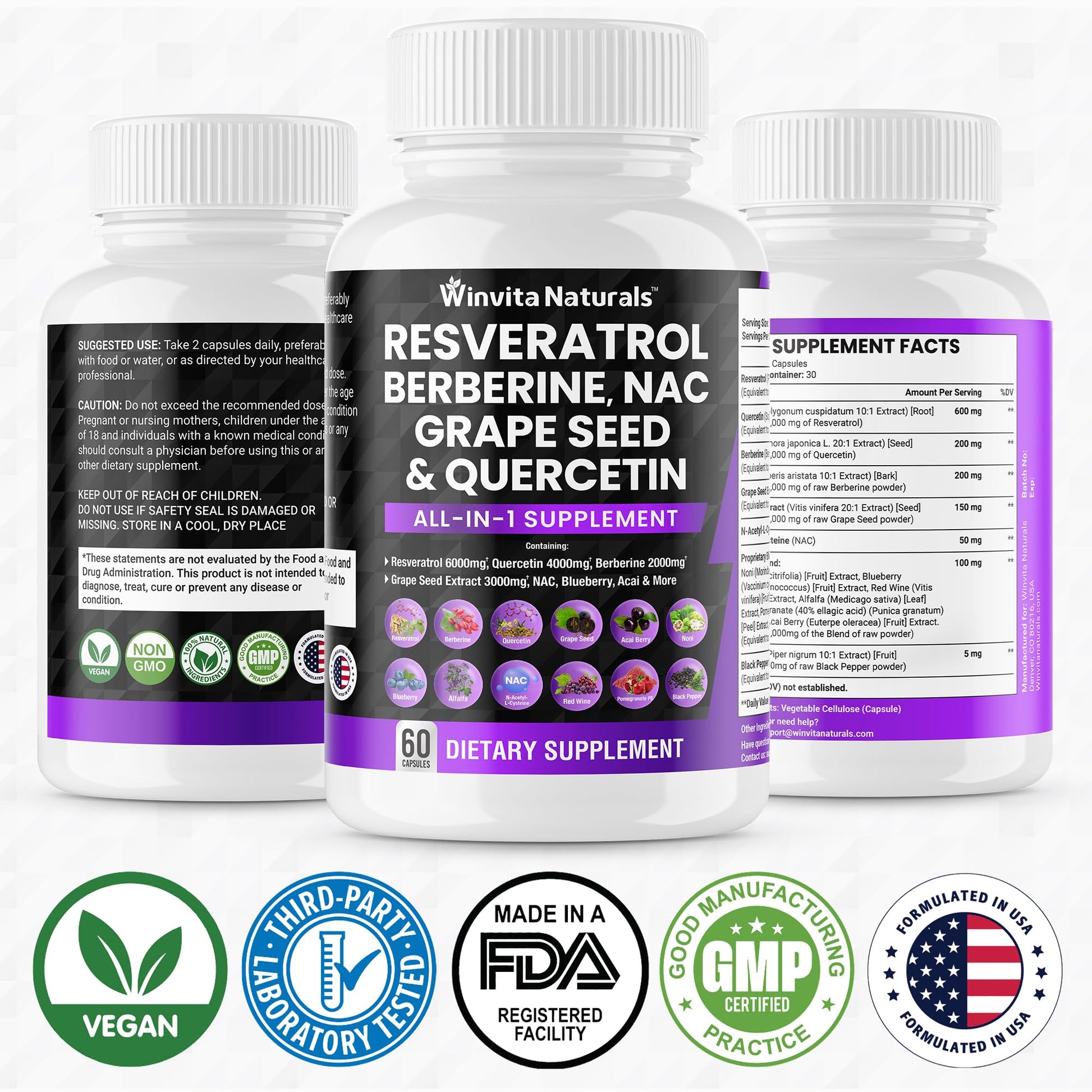 Resveratrol 6000mg Quercetin 4000mg Berberine 2000mg Grape Seed Extract 3000mg Winvita Naturals buy supplements canada