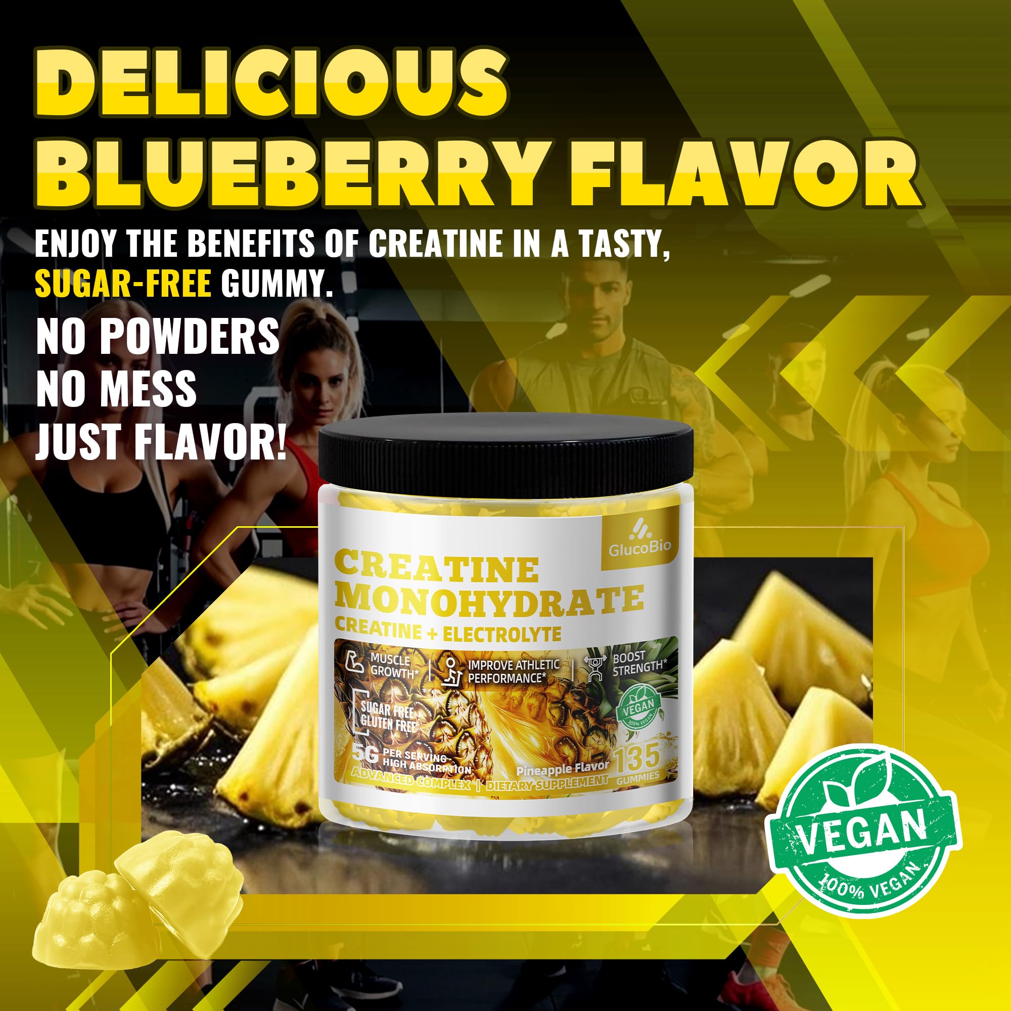 GlucoBio Creatine Monohydrate Gummies (5g) – Pre-Workout Energy & Muscle Growth Support for Men & Women | Pineapple Electrolyte Gummies (135 Count) GlucoBio buy supplements canada