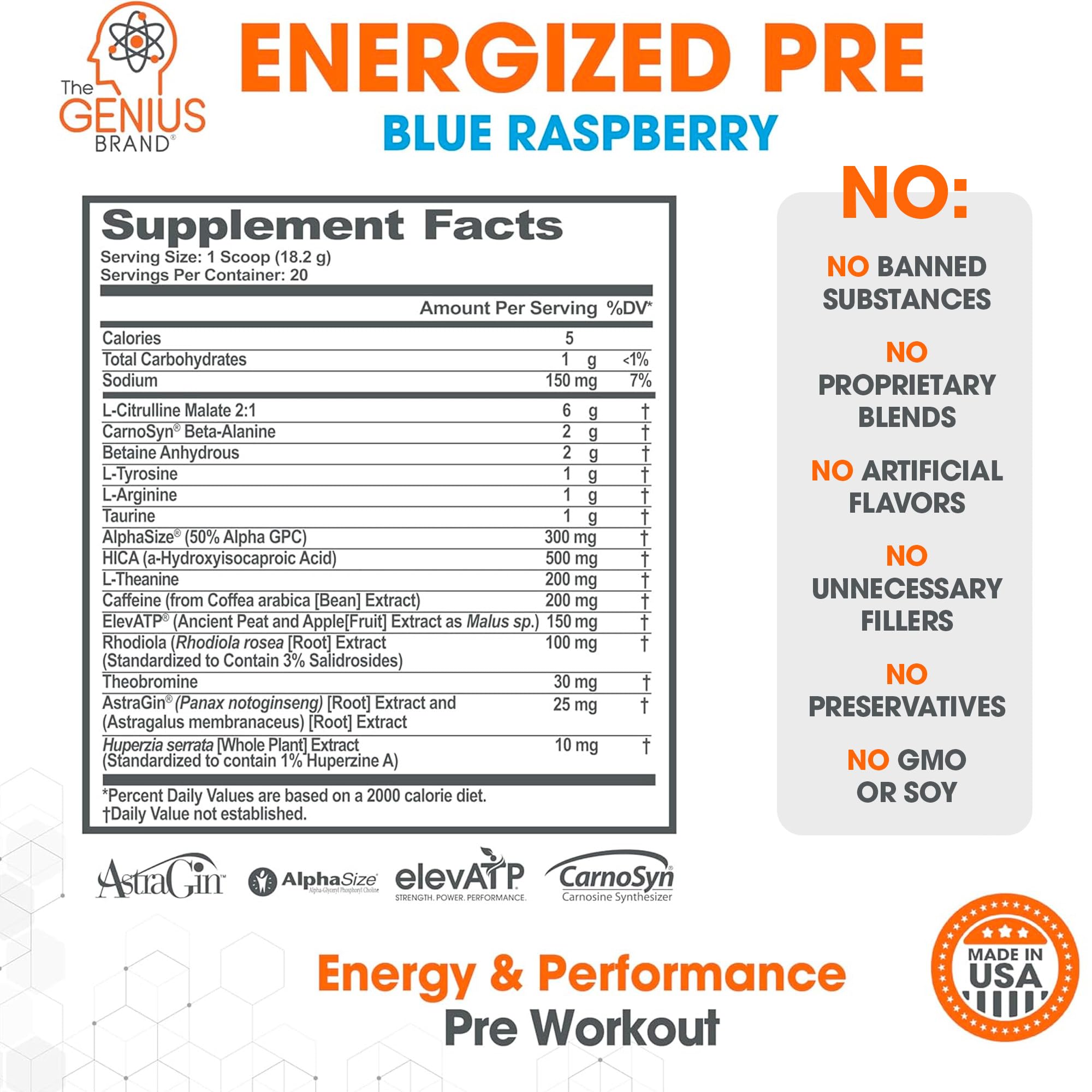 Genius Energized Pre Workout Powder – Caffeine Infused Pre-Workout Booster Supplement with Beta Alanine & Alpha GPC, No Artificial Sweeteners or Dyes - 200mg Caffeine, 20 Servings, Blue Raspberry The Genius Brand buy supplements canada