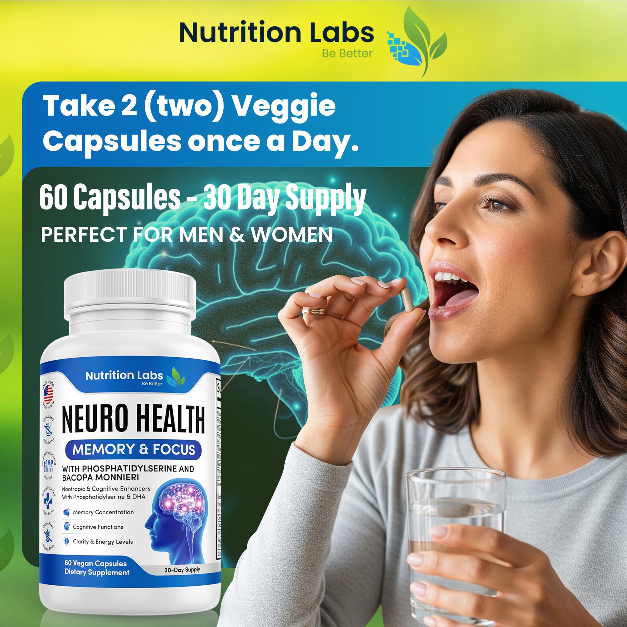 Nootropic & Neuro Brain Supplement for Memory & Focus Support. Clinically Tested Vitamins for Mental Support & Cognitive Clarity W/Bacopa Monnieri, VIT A, B6, Riboflavin, Niacin, Thiamin & Folate NUTRITION LABS BE BETTER buy supplements canada