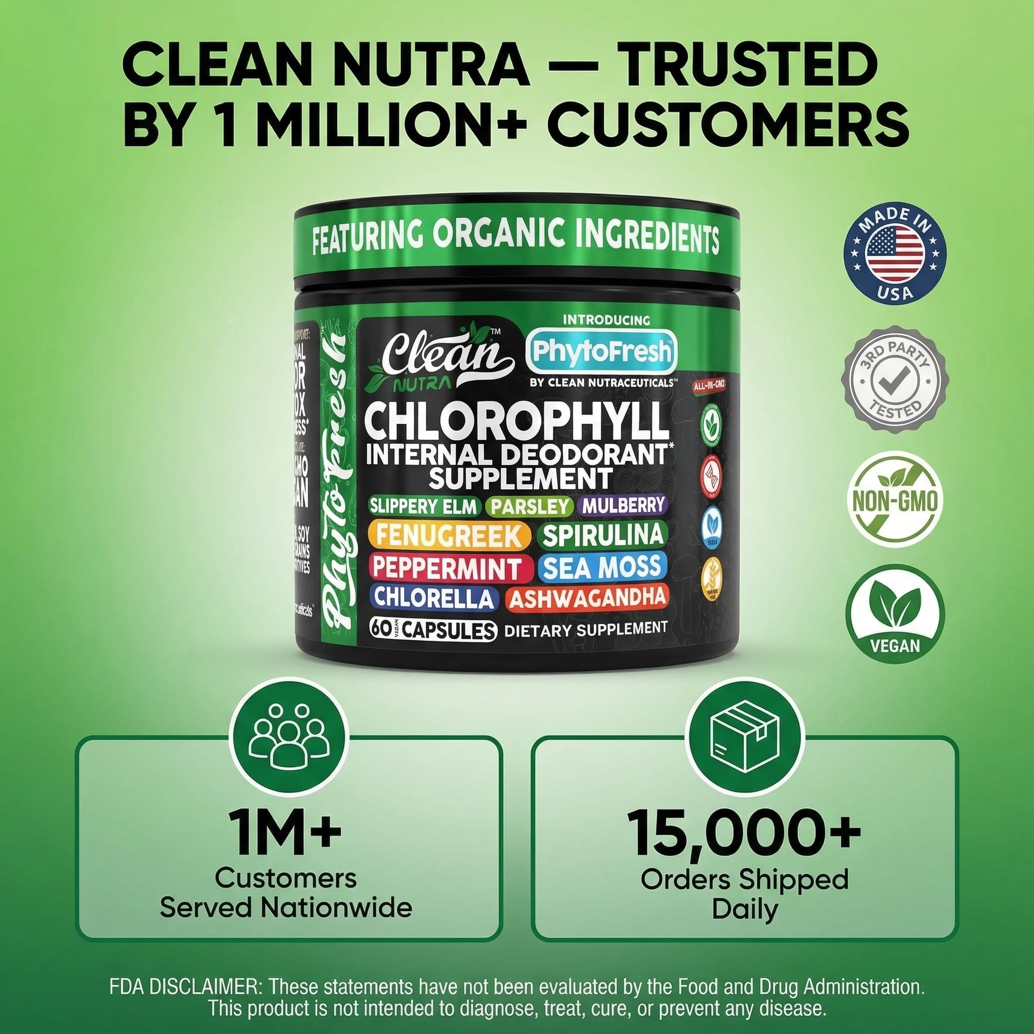 Clean Nutra Chlorophyll Capsules Supplement Internal Deodorant Peppermint, Sea Moss, Parsley, Chlorella, Spirulina, Slippery Elm, Ashwagandha, PhytoFresh Greens Detox Pills Clean Nutraceuticals buy supplements canada