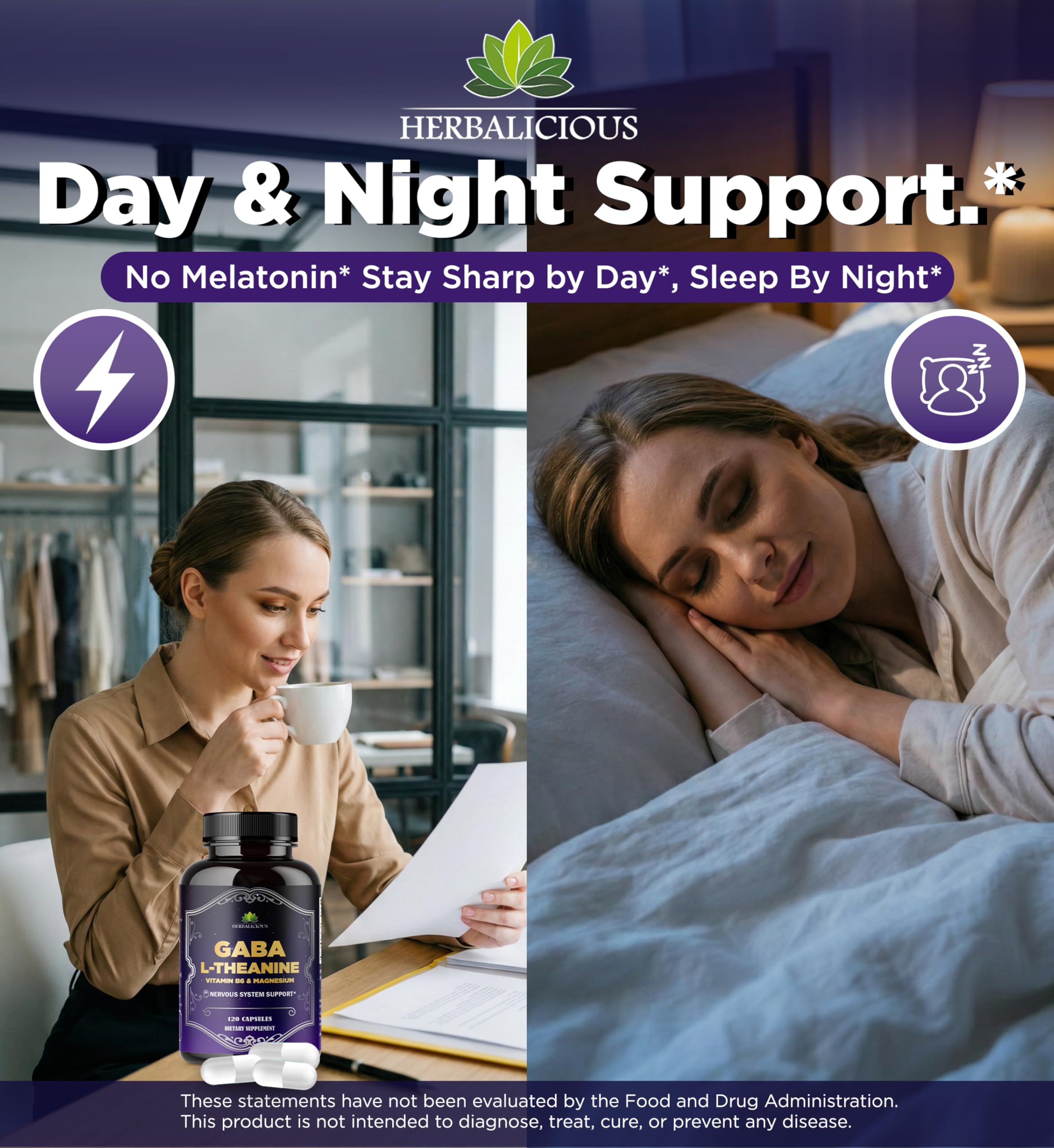 HERBALICIOUS GABA L-Theanine with Magnesium – Calm & Focus Support, Stress Relief, Relaxation + Mood Balance, Brain & Memory Support Supplement – Vitamin B6 + B12 Complex – 120 Capsules HERBALICIOUS buy supplements canada
