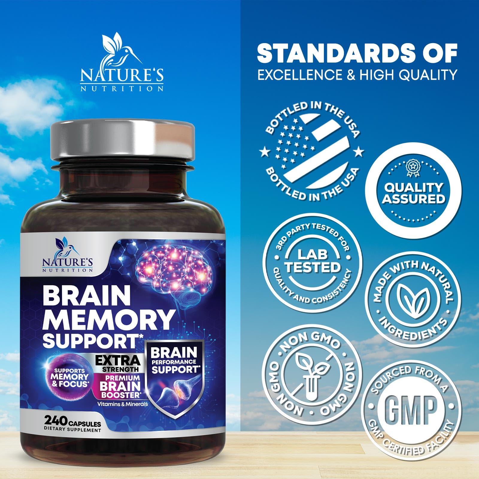 Brain Memory Supplement Pills - 3X Strength Nootropics for Concentration, Clarity & Focus Support - Brain Health Cognitive Vitamins with Bacopa, Phosphatidylserine & DMAE, Brain Booster - 240 Capsules Nature's Nutrition buy supplements canada