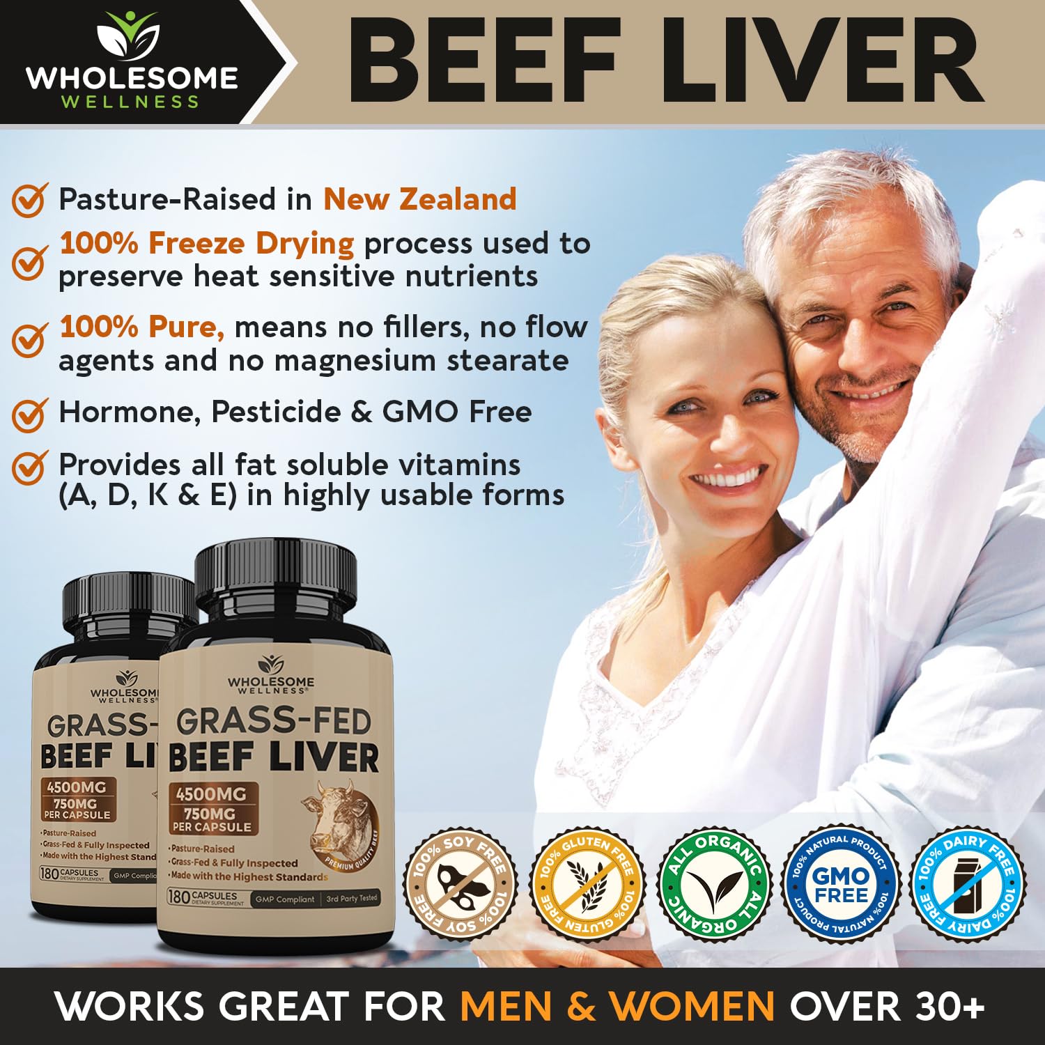 Wholesome Wellness Grass Fed Desiccated Beef Liver Capsules (180 Pills, 750mg Each) - Natural Iron, Vitamin A, B12 for Energy - Raised Undefatted in New Zealand Wholesome Wellness buy supplements canada