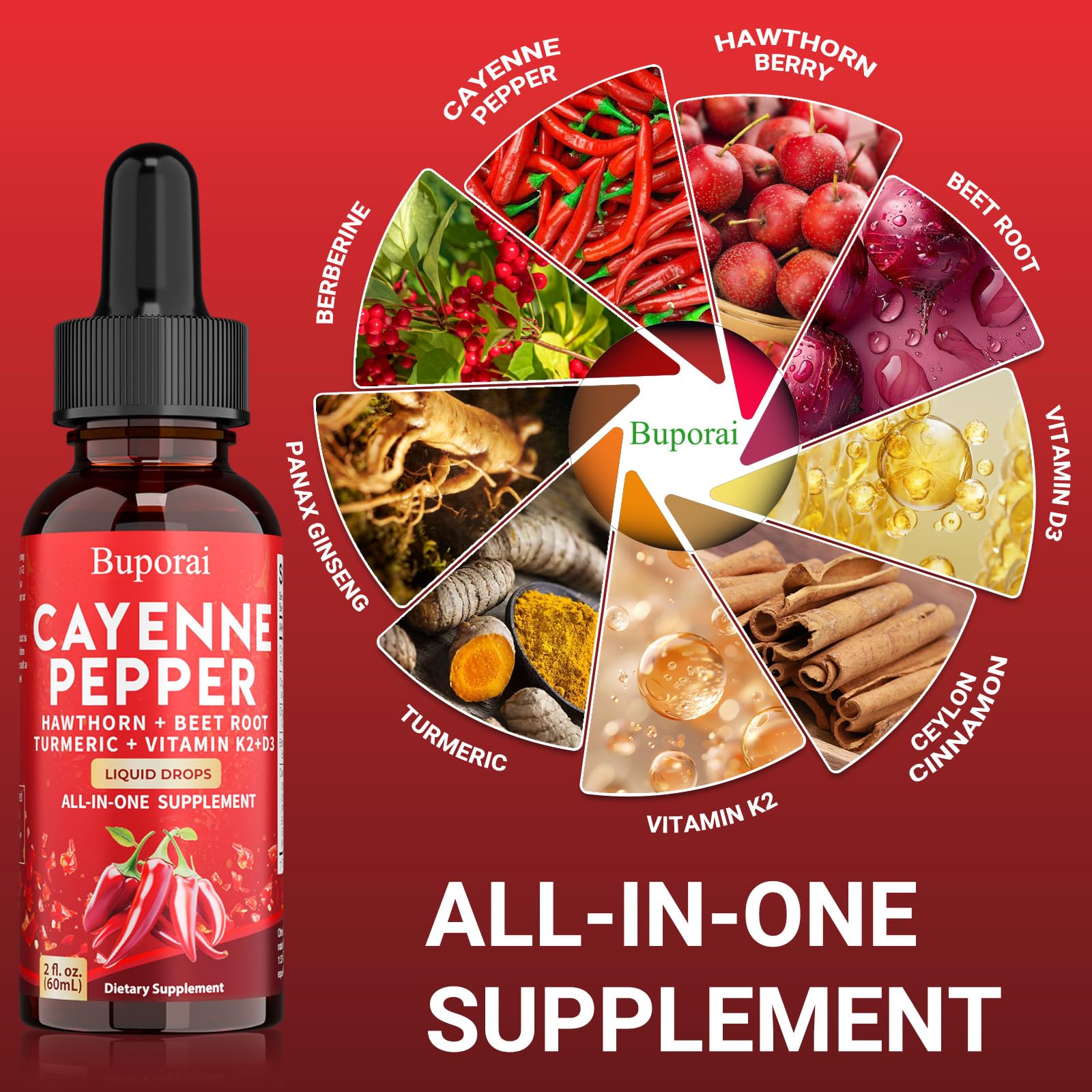 Buporai Cayenne Pepper Drops, Cayenne Pepper Extract Liquid Supplement for Overall Well-Being, 2 fl oz, Vitamin D3 K2 Beet Root Powder Buporai buy supplements canada
