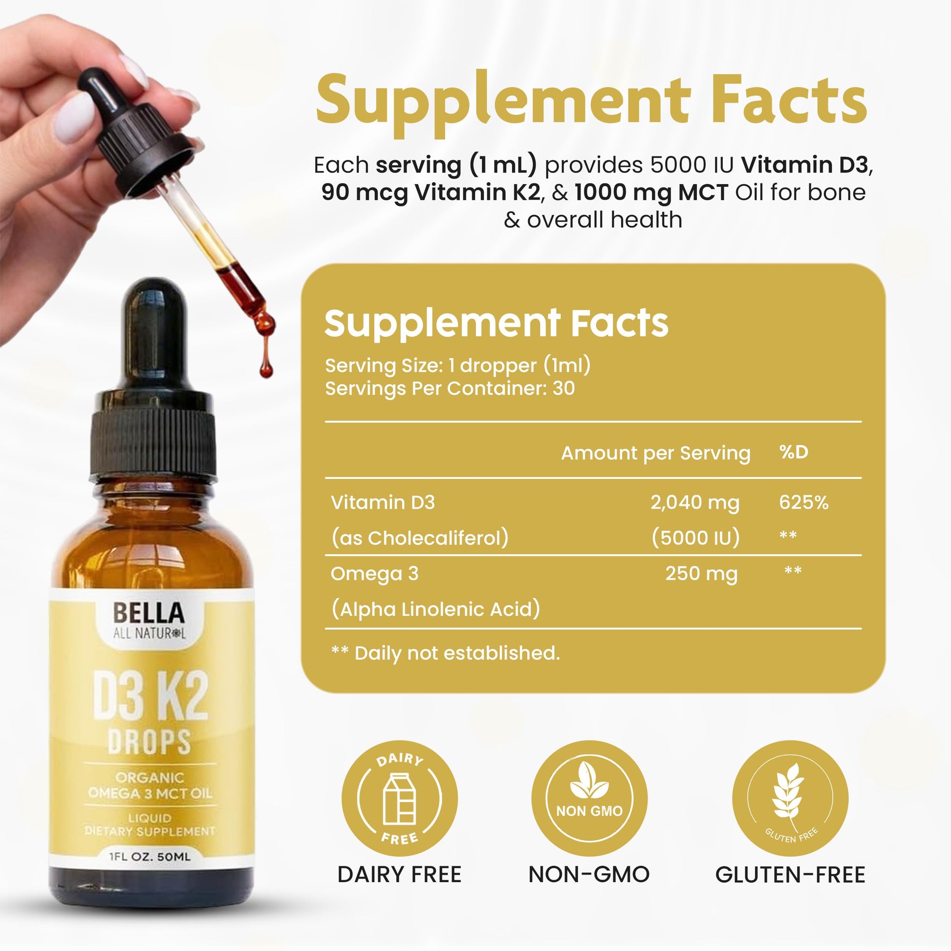 Bella All Natural Vitamin D3 K2 Liquid Drops 5000 IU (Unflavored) - Omega 3 with MCT Oil - Bella All Natural buy supplements canada