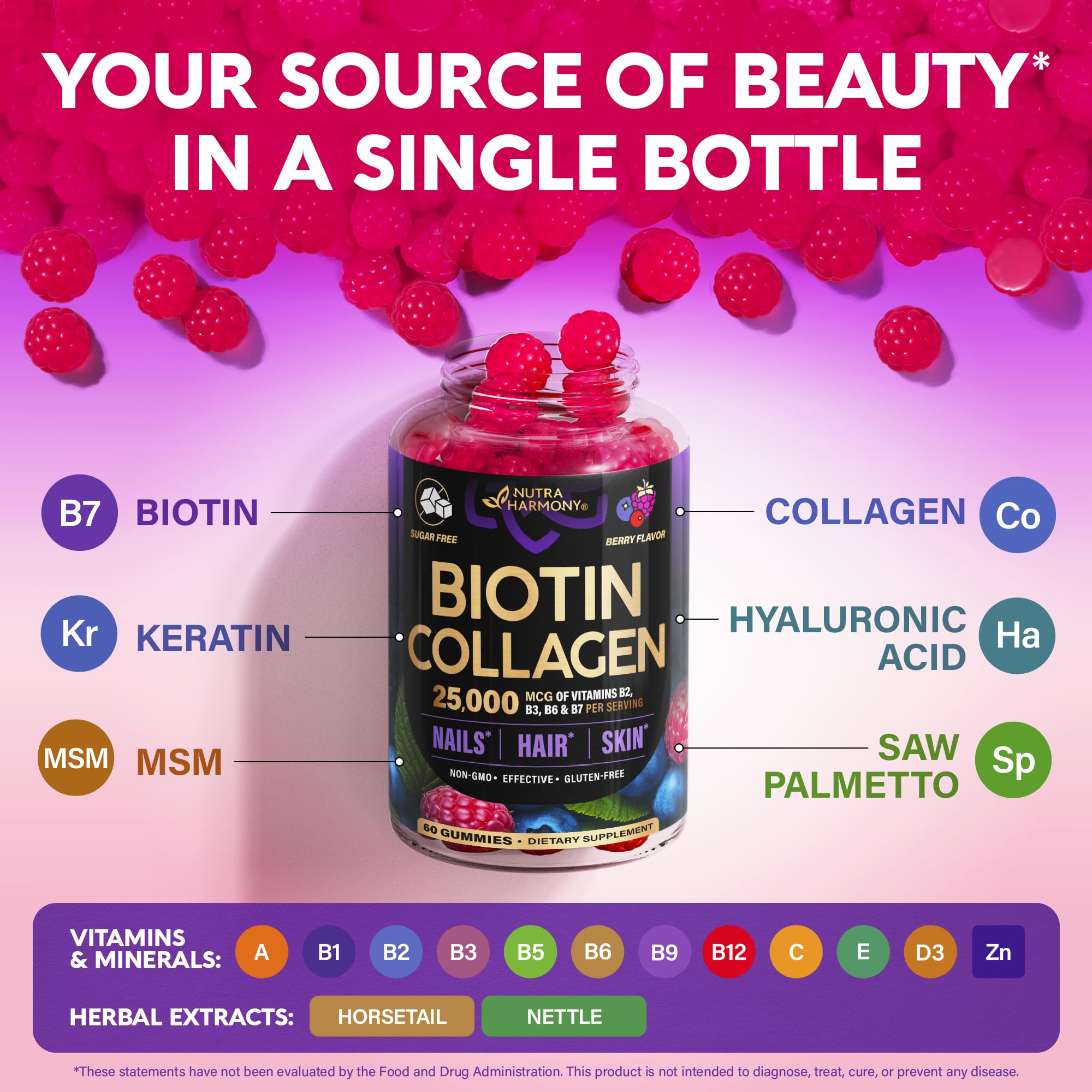Biotin Gummies with Collagen - Hair Growth Support Skin, & Nail Strength - for Women & Men - Biotin 10000mcg | Keratin | Hyaluronic Acid | B-Complex | Saw Palmetto NUTRAHARMONY buy supplements canada