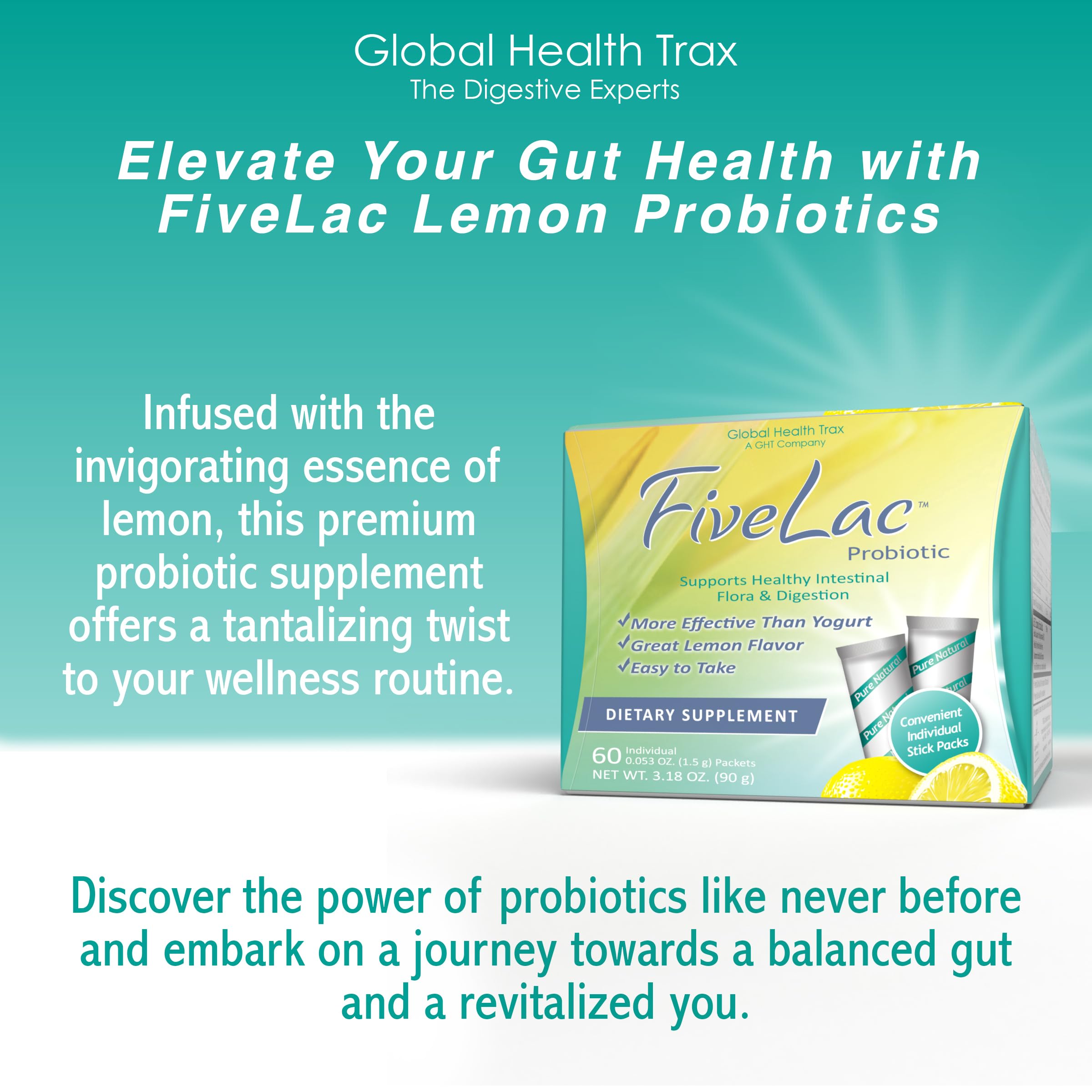 Global Health Trax GHT - FiveLac Lemon Probiotic Powder Drink Mix, Probiotics for Women, Men & Kids - Smooth Digestive Support & Elimination - Relieves Constipation & Gas - 60 Packets (2 Pack) Non-GMO ght Global Health Trax buy supplements canada