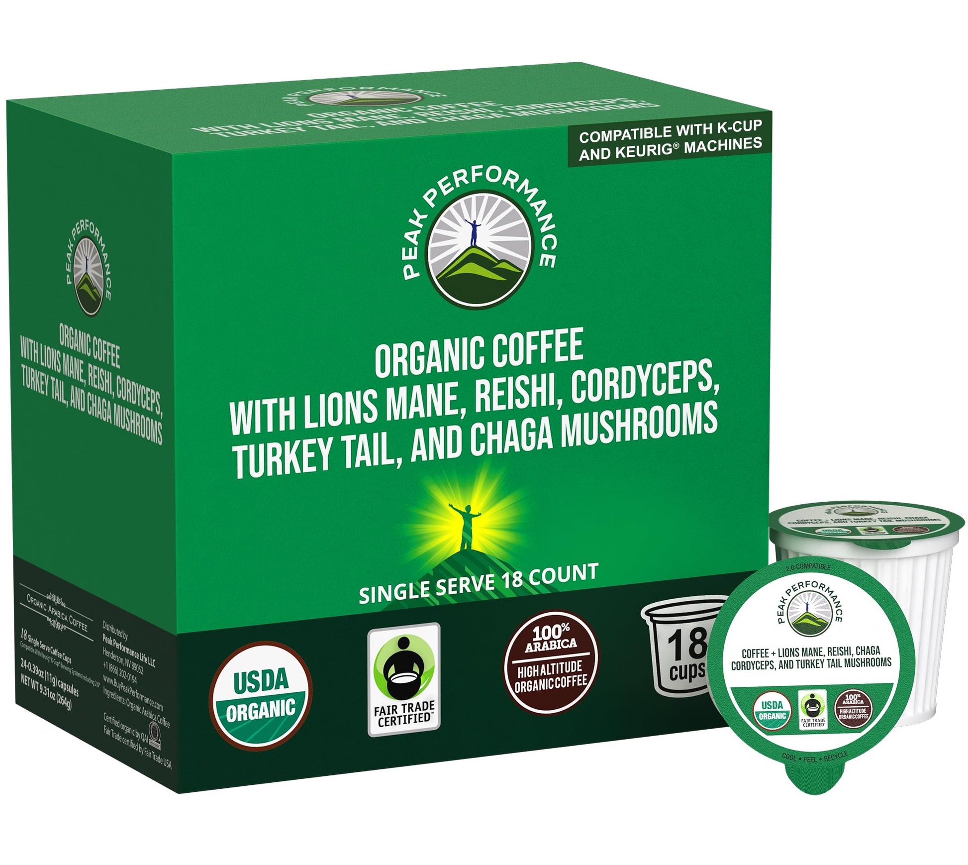 Organic Mushroom Coffee Pods with Lion's Mane, Reishi, Cordyceps, Turkey Tail, and Chaga Mushrooms. High Altitude, Low Acid, Smooth Tasting, Fair Trade, Instant Nootropic Coffee (Medium Roast Ground) Peak Performance buy supplements canada