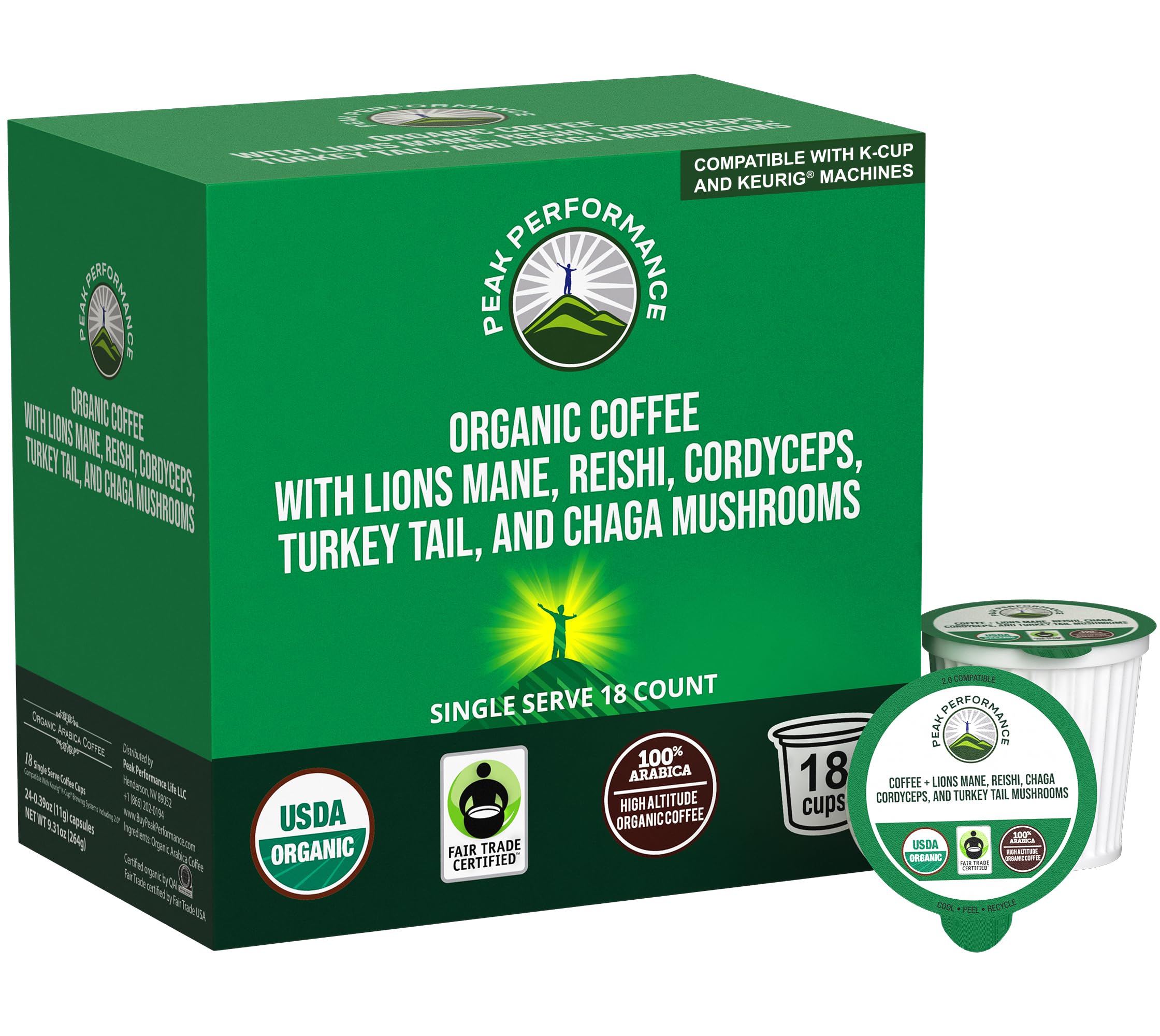 Organic Mushroom Coffee Pods with Lion's Mane, Reishi, Cordyceps, Turkey Tail, and Chaga Mushrooms. High Altitude, Low Acid, Smooth Tasting, Fair Trade, Instant Nootropic Coffee (Medium Roast Ground) Peak Performance buy supplements canada