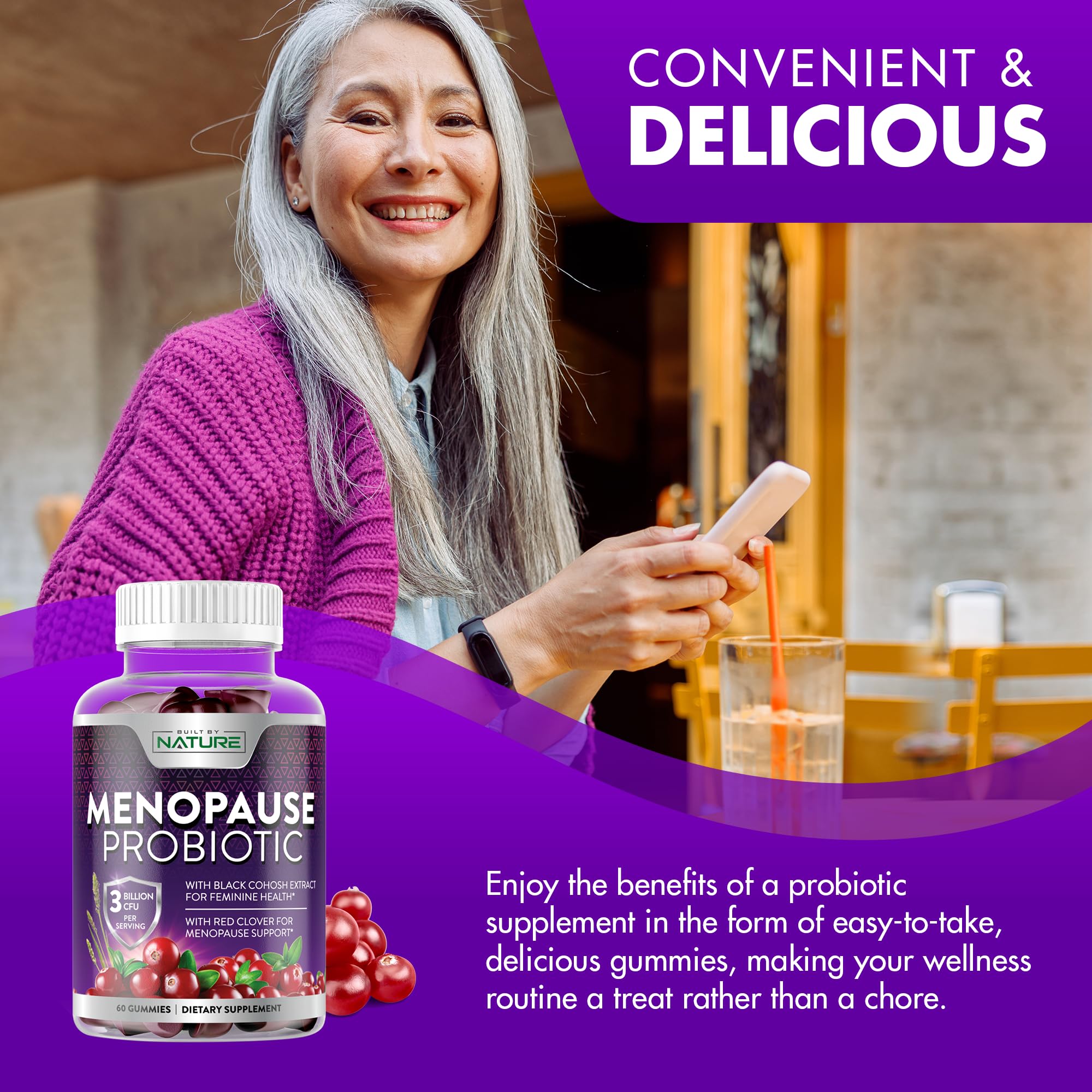 Menopause Supplements for Women - Menopause Probiotic Gummy - Women’s Menopause Relief for Hot Flashes, Night Sweats & Mood Swings with Black Cohosh & Cranberry - Non-GMO, Vegan - 60 Gummies Built by Nature buy supplements canada