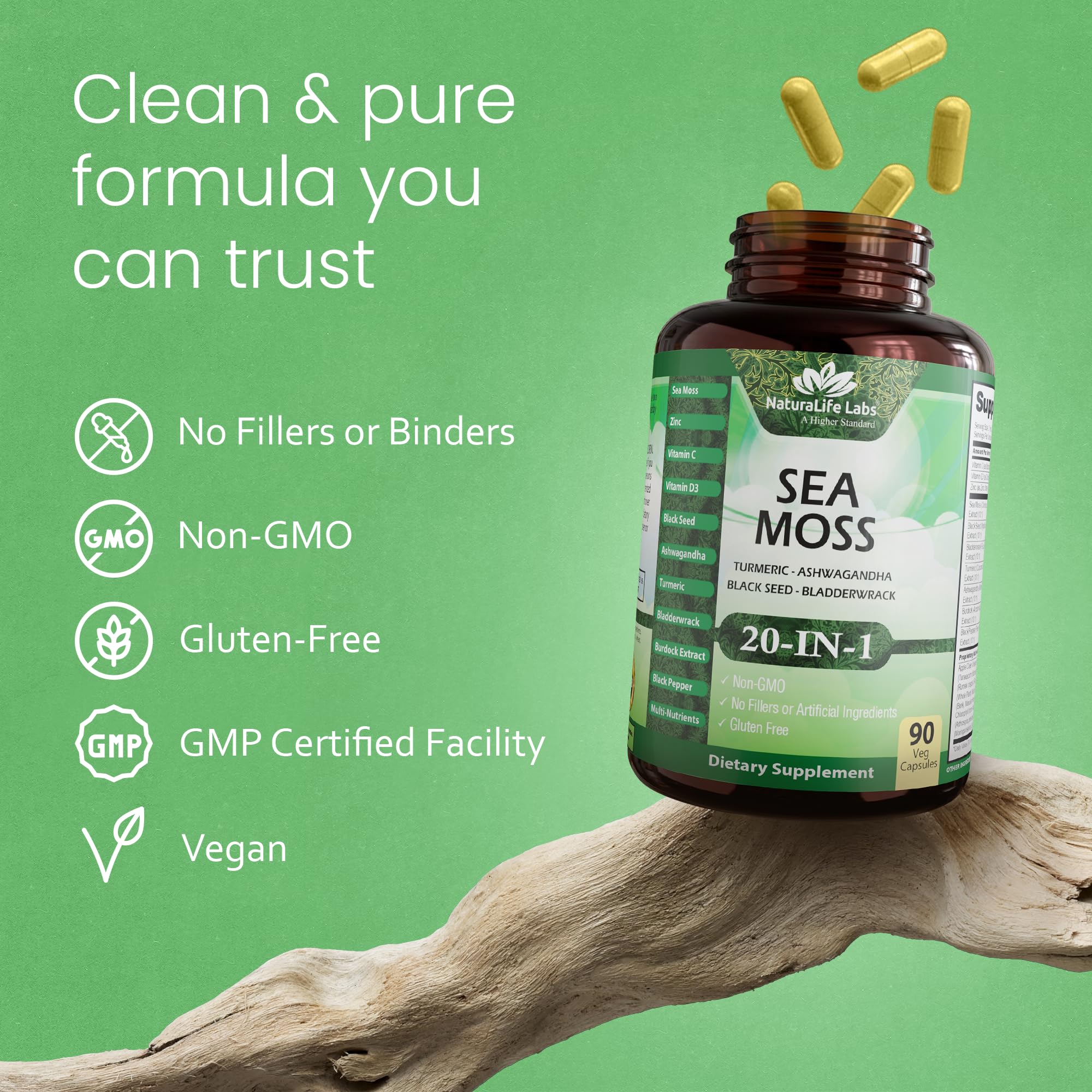 Sea Moss, Black Seed Oil, Bladderwrack, Turmeric, Ashwagandha, Burdock, Vitamin C, D3, Yellow Dock Root, Manuka, Dandelion - 90 Veggie caps NaturaLife Labs buy supplements canada