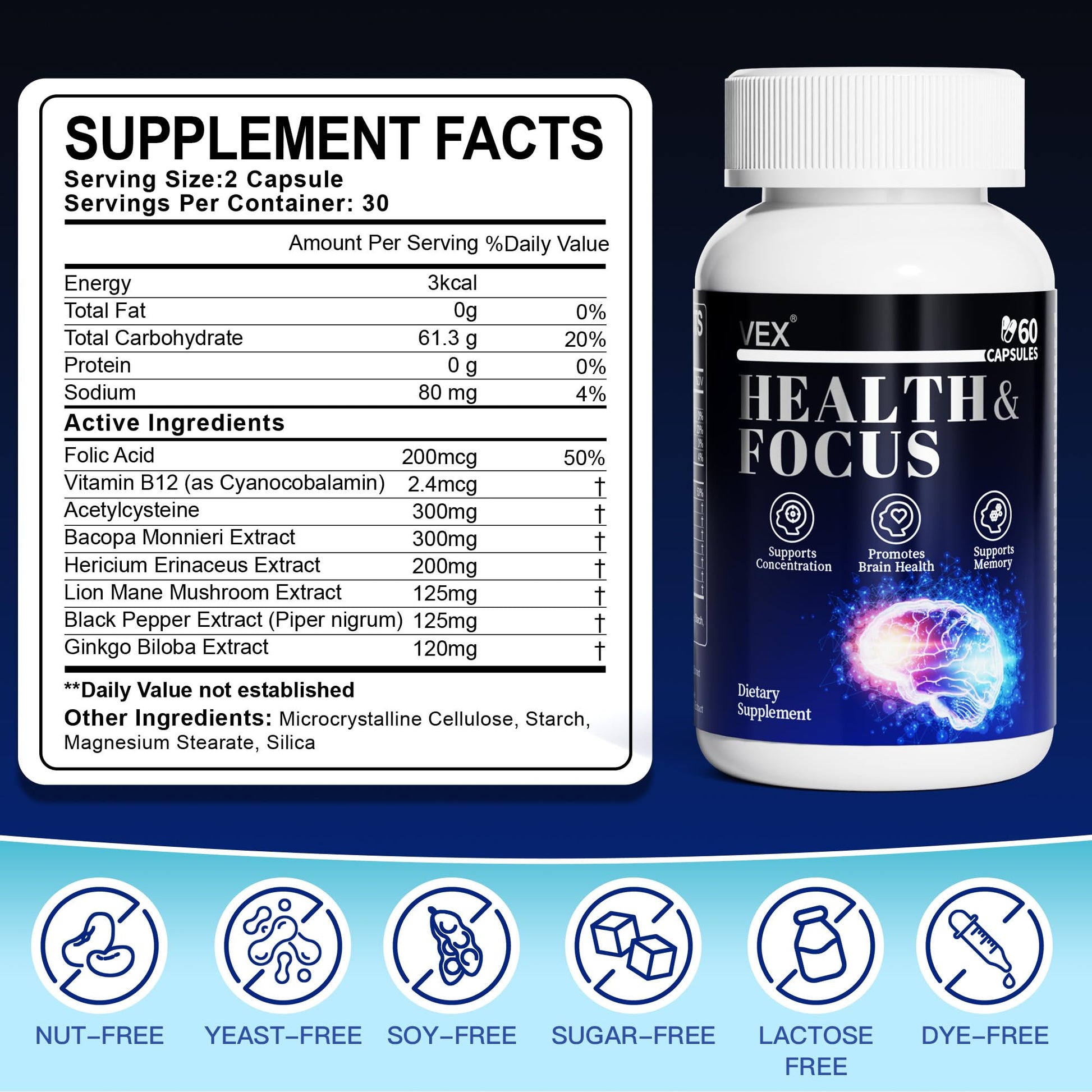 VEX Supplement – Memory & Clarity Support with Folic Acid, Vitamin B, Acetylcysteine, Bacopa Monnieri, Lion’s Mane, Ginkgo Biloba & Black Pepper – Cognitive, 60 Capsules VEX buy supplements canada