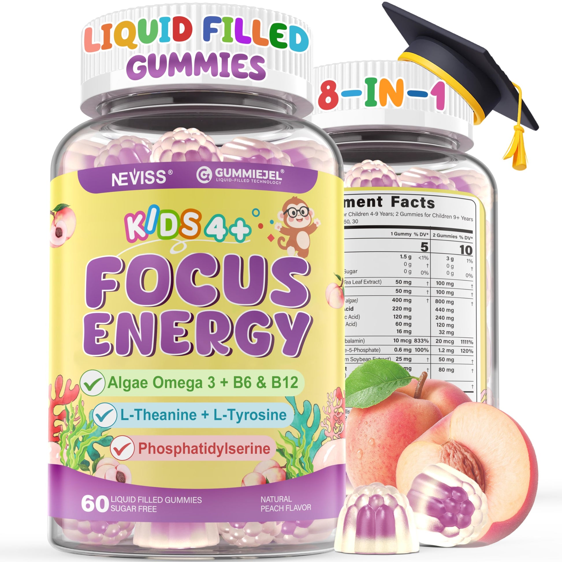 Kids Focus Gummies - Brain Supplements with Vegan Omega 3 DHA, Phosphatidylserine, L-Theanine, L-Tyrosine, Methylated B6 & B12 for Kids & Teen Support Attention, Memory, Nootropic, Sugar Free 60cts NEVISS buy supplements canada