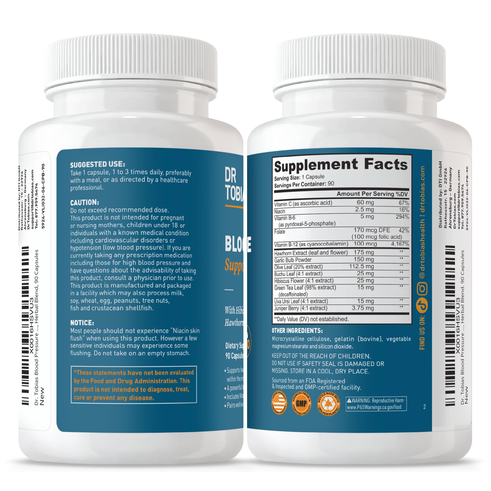 Dr. Tobias Blood Pressure Support Supplement with Hawthorn, Hibiscus Flower, Olive Leaf & Garlic, Supports Normal Circulatory Health with Vitamins C, B6, B12, Niacin, Folate & Herbs, 90 Capsules Dr. Tobias buy supplements canada