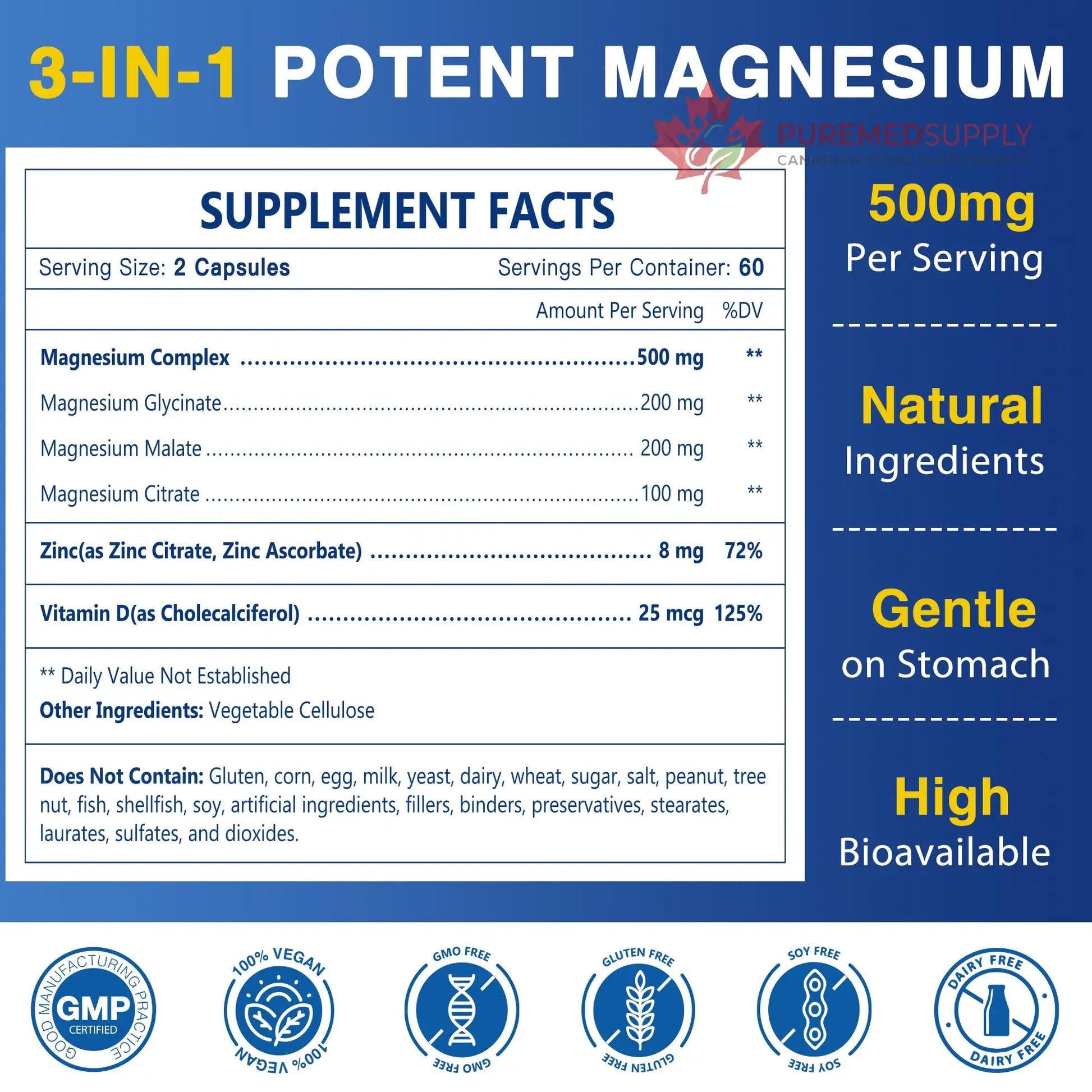 Magnesium Complex 500mg, Magnesium Glycinate, Malate & Citrate - High Absorption Chelated Triple Magnesium Supplement with Zinc, Vitamin D3 for Muscle, Nerve, Bone & Immune Support, Vegan 120 Capsules NATURE TARGET buy supplements canada
