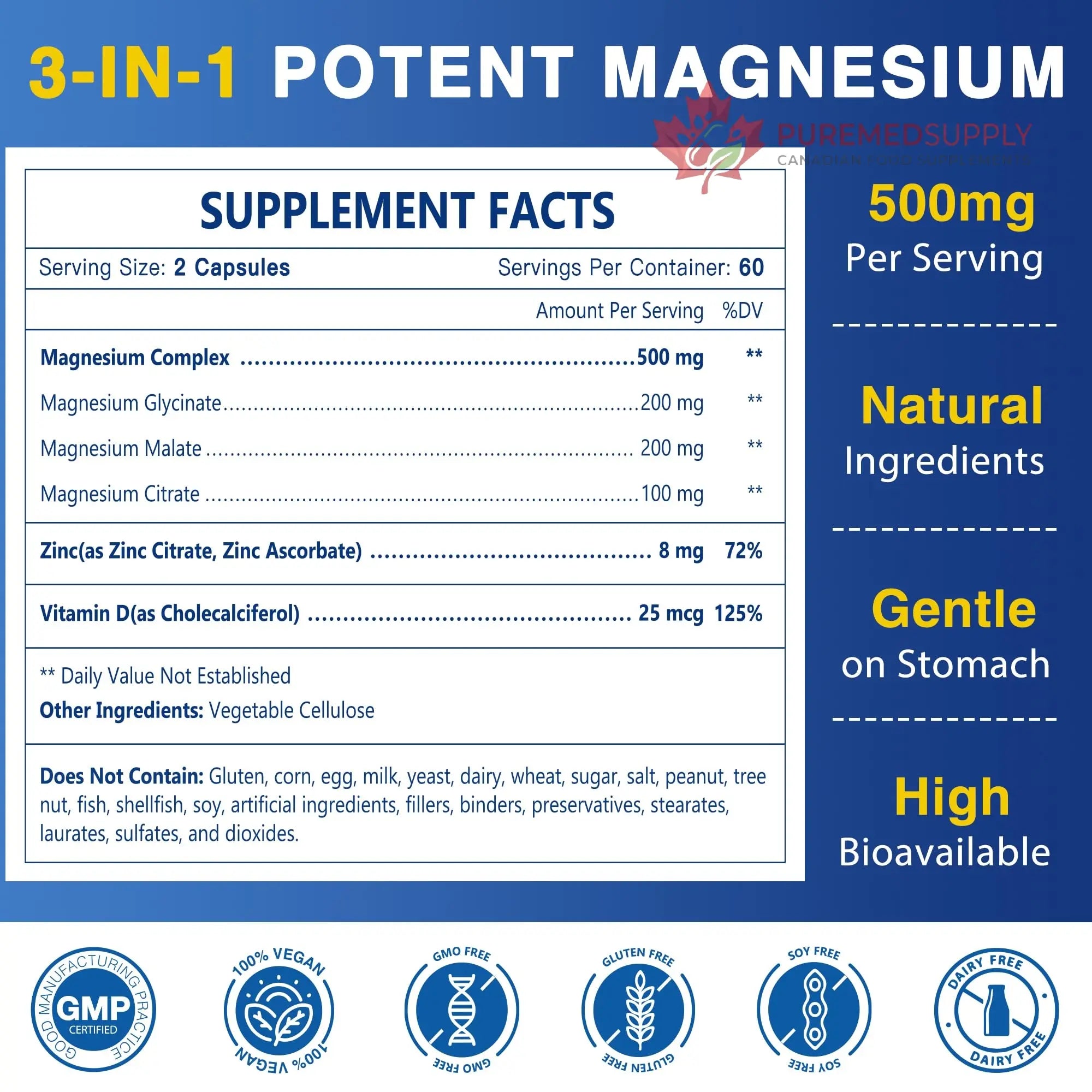 Magnesium Complex 500mg, Magnesium Glycinate, Malate & Citrate - High Absorption Chelated Triple Magnesium Supplement with Zinc, Vitamin D3 for Muscle, Nerve, Bone & Immune Support, Vegan 120 Capsules NATURE TARGET buy supplements canada