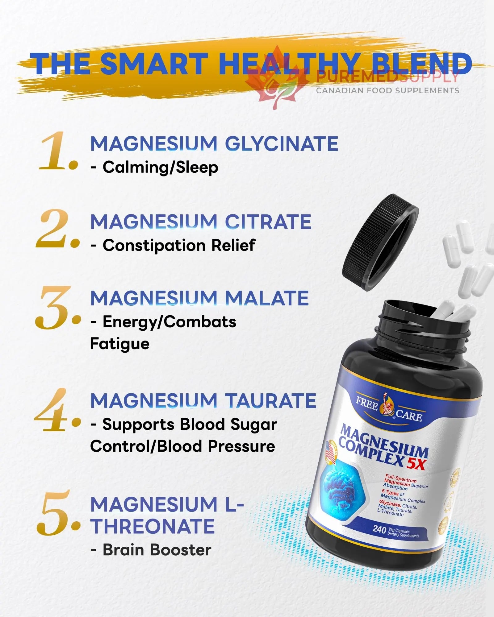 820mg Magnesium Complex 240 Veggie Capsules,for Women & Men with Magnesium Glycinate,Citrate, Malate,Taurate & L-Threonate for Sleep, Mood, Muscle Relaxation & Nerve Function Vegan Friendly, Non-GMO FreeCare buy supplements canada