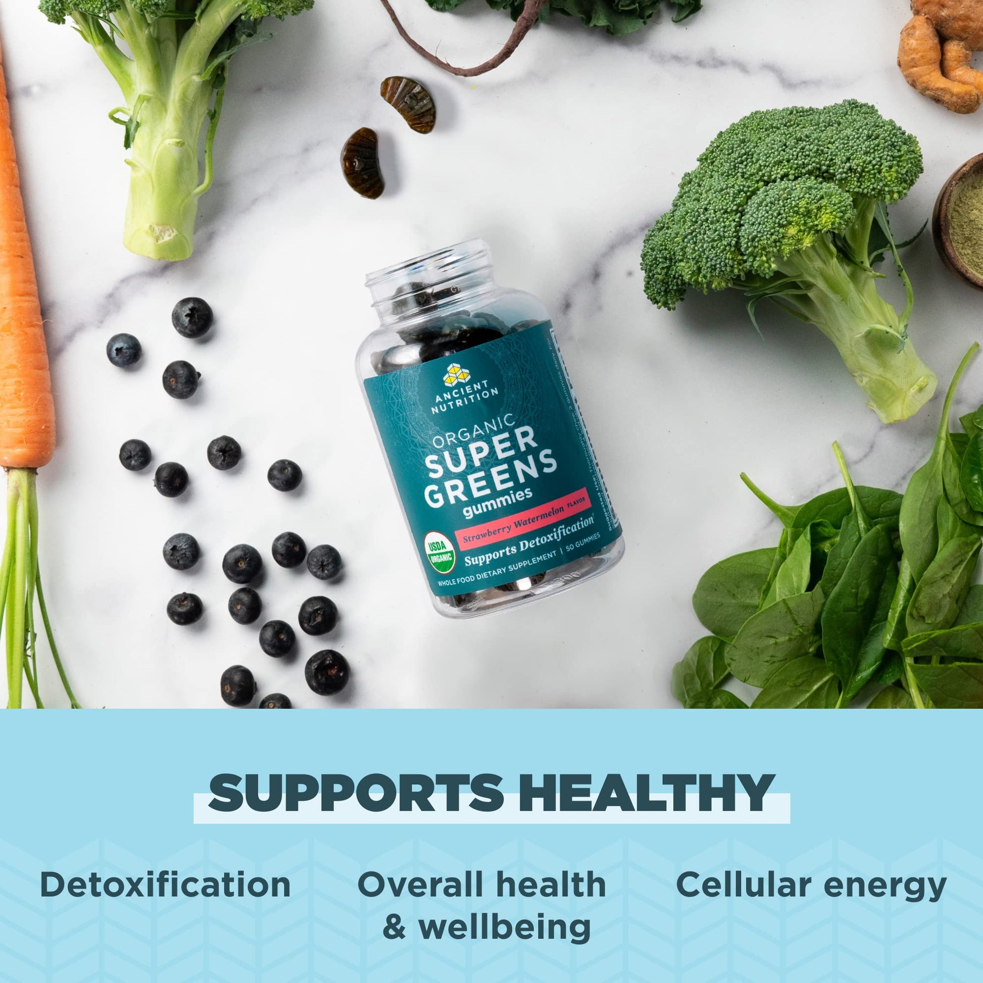Ancient Nutrition Supergreens Gummy, Organic Superfood Gummy Made from Real Fruits, Vegetables and Herbs, for Digestive and Energy Support, 100 Count, Strawberry Watermelon Ancient Nutrition buy supplements canada