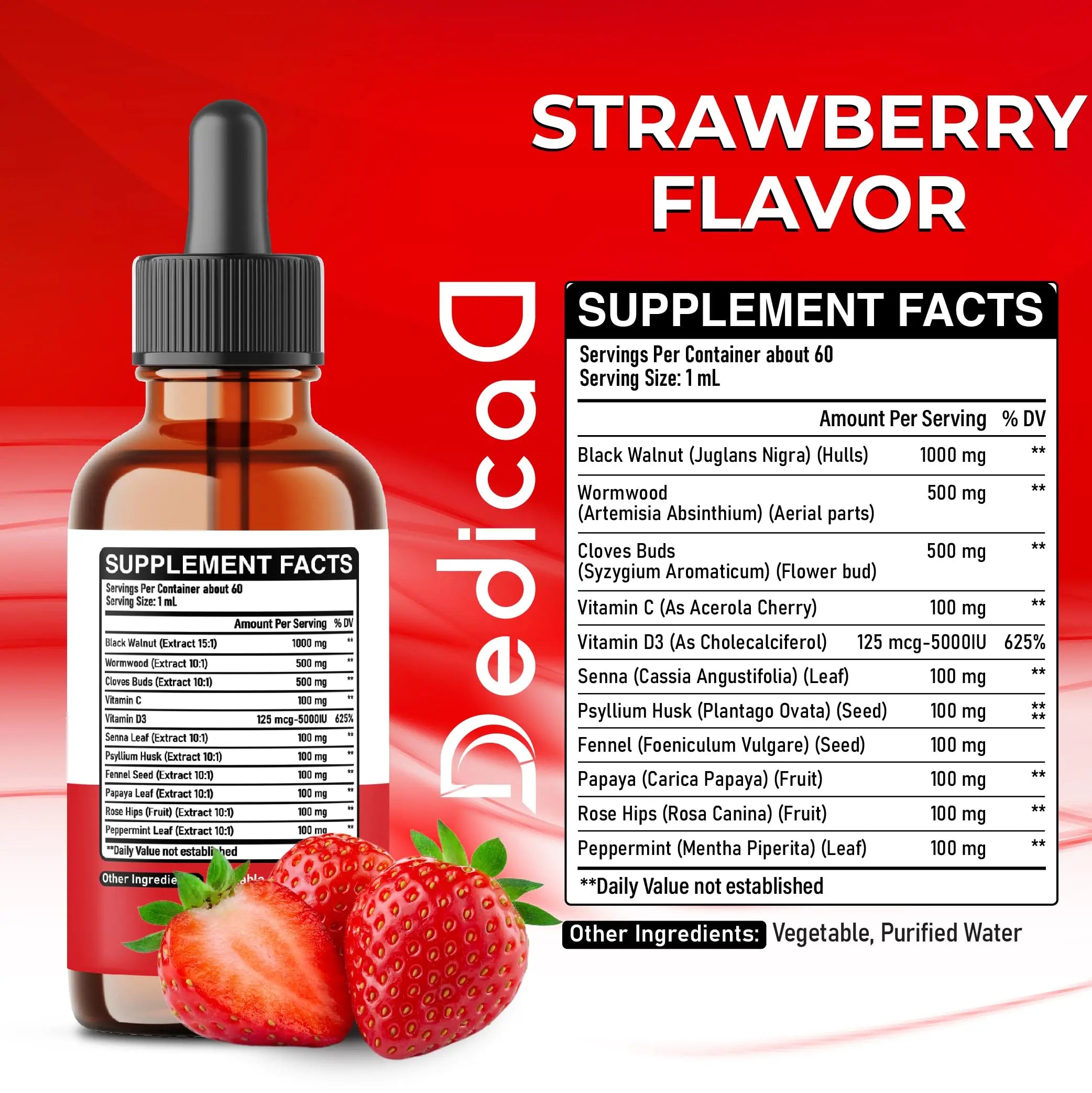 DEDICAD 11in1 Black Walnut Wormwood Cloves Liquid Drops with Cloves Buds, Senna Leaf, Psyllium Husk, Fennel Seed, Papaya Leaf and More - 2 oz Fl - 60 Days - Strawberry Flavor DEDICAD buy supplements canada