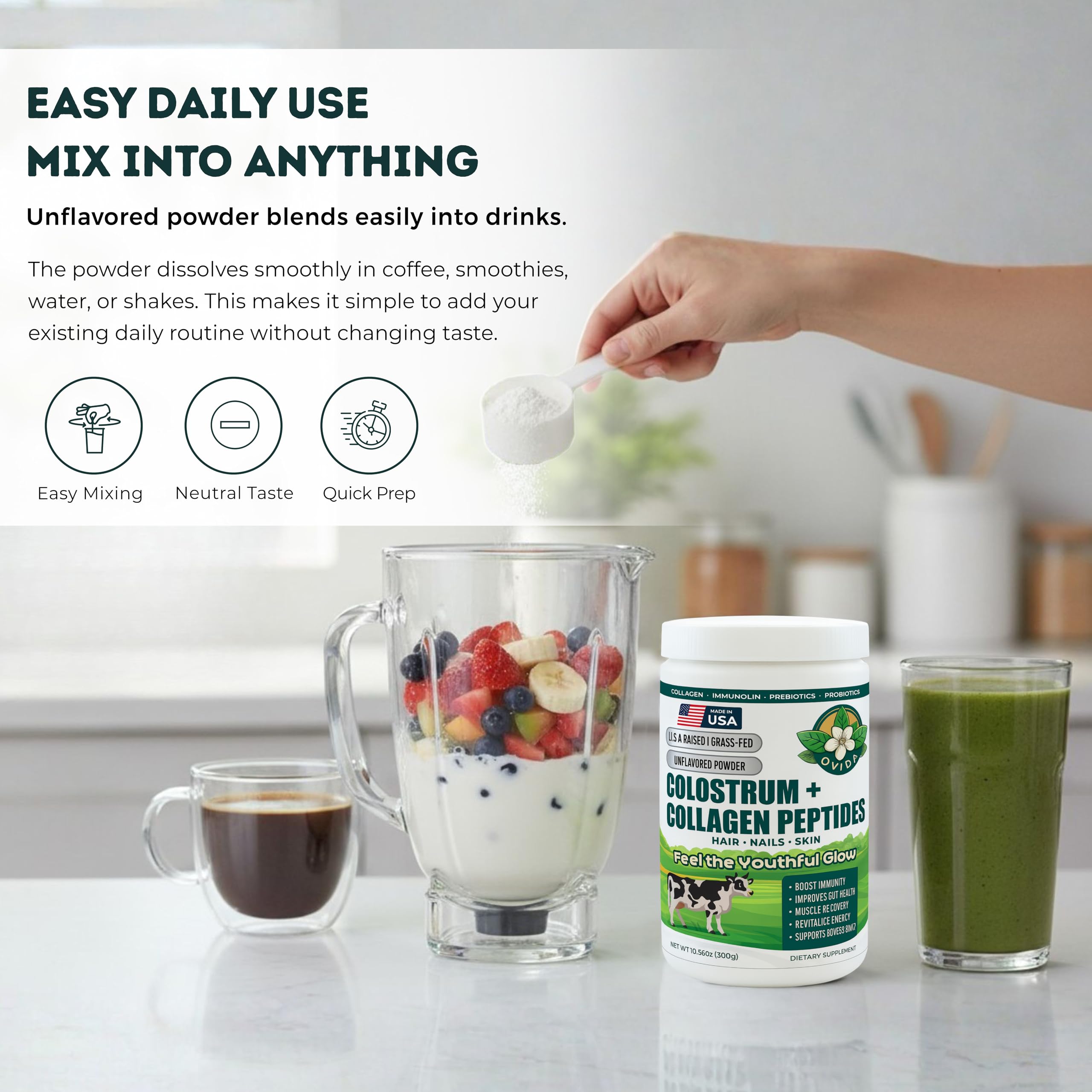 Bovine Colostrum and Hydrolyzed Collagen Peptides Powder Supplement for Women & Men - Supports Gut Health, Joint & Bone Health, Hair Skin Nails - Grass-Fed, Non-GMO, Gluten Free, 300g (30 Servings) OVIDA buy supplements canada