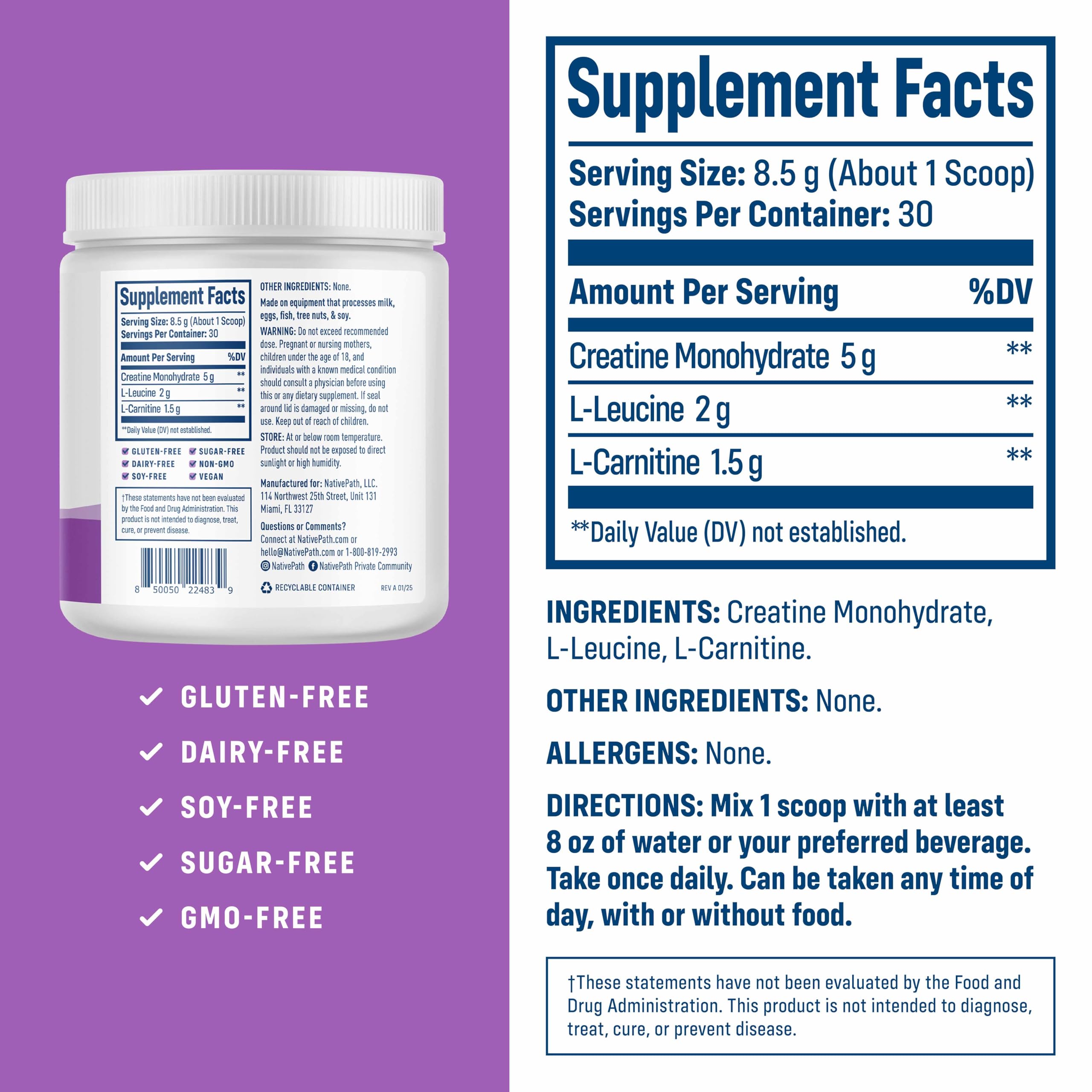 NativePath Creatine Monohydrate Powder with L-Leucine & L-Carnitine - Muscle Building Supplement for Men & Women - 30 Servings (Pack of 2) NativePath buy supplements canada