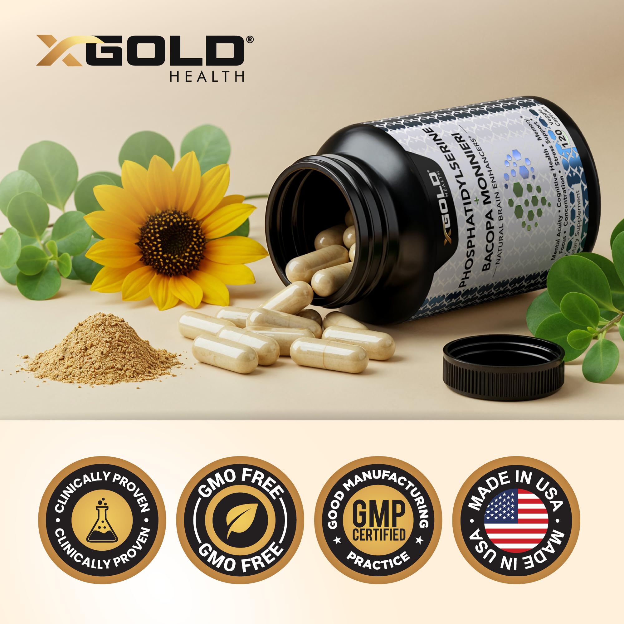 PhosphatidylSerine & Bacopa Monnieri 800 mg 2 in 1 Supplement - Natural Brain Enhancer/Nootropic for Enhanced Focus and Concentration, Memory Support, & Cognitive Function - 120 Vegetarian Capsules X Gold Health buy supplements canada