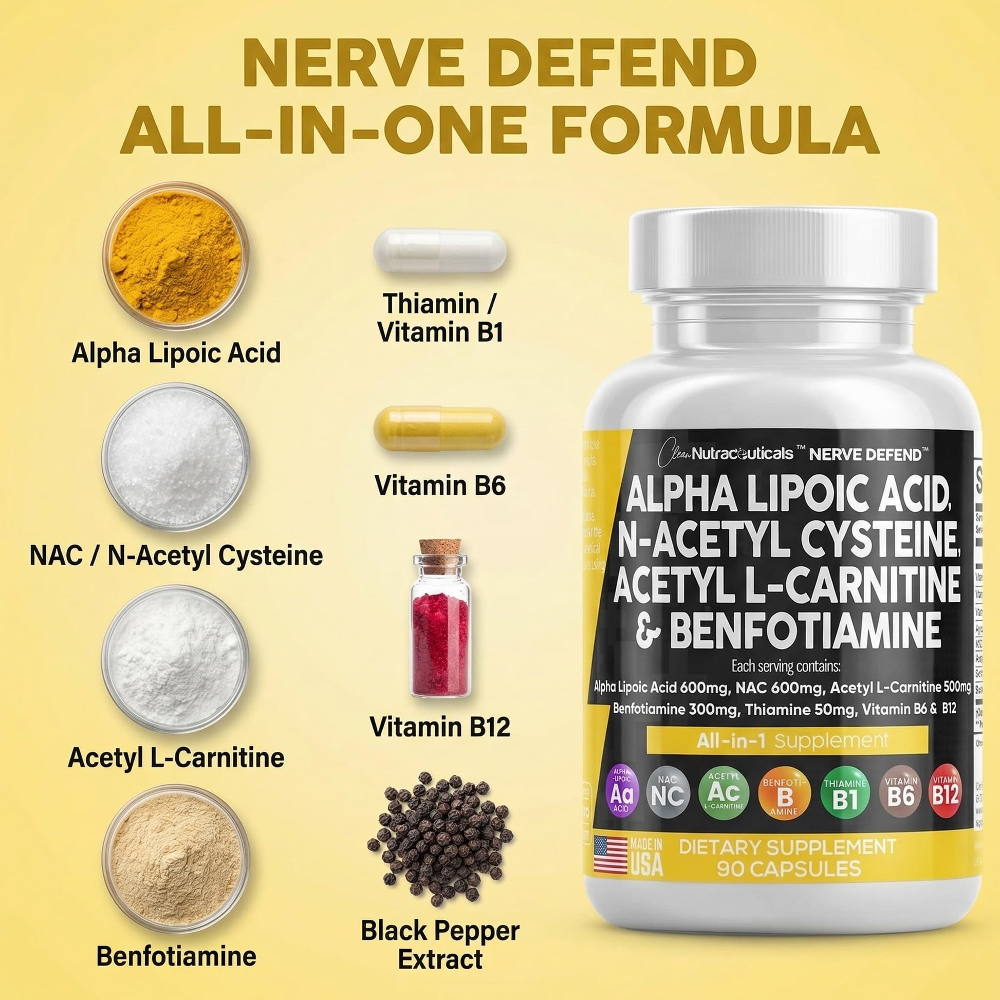 Alpha Lipoic Acid 600mg N-Acetyl Cysteine 600mg Acetyl L-Carnitine 500mg Benfotiamine 300mg - Nerve Support Supplement for Women and Men with Vitamin B1 B6 & B12 - Made in USA 90 Caps Clean Nutraceuticals buy supplements canada
