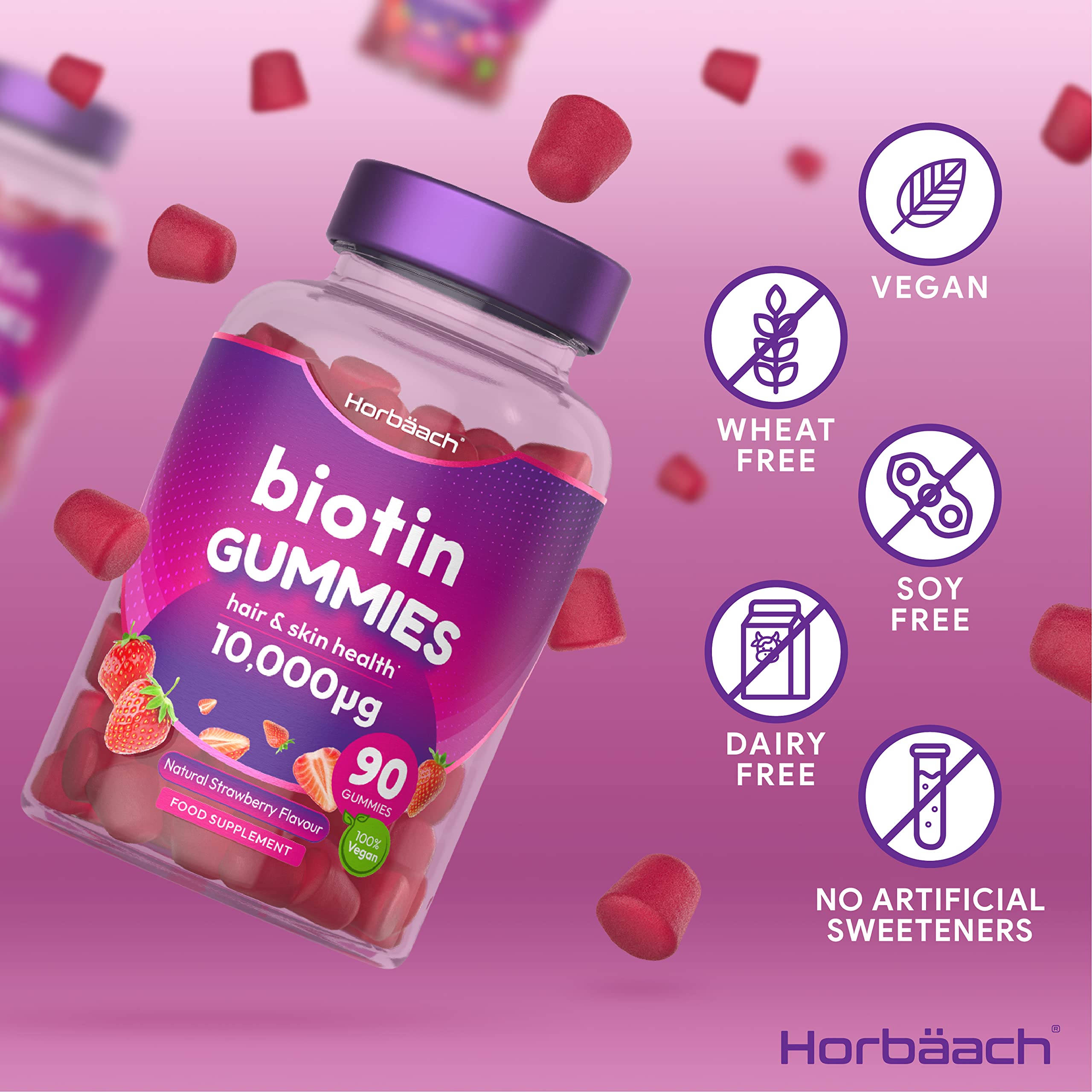 Biotin Gummies 10,000mcg | 90 Vegan Vitamins | Natural Strawberry Flavour Horbäach buy supplements canada