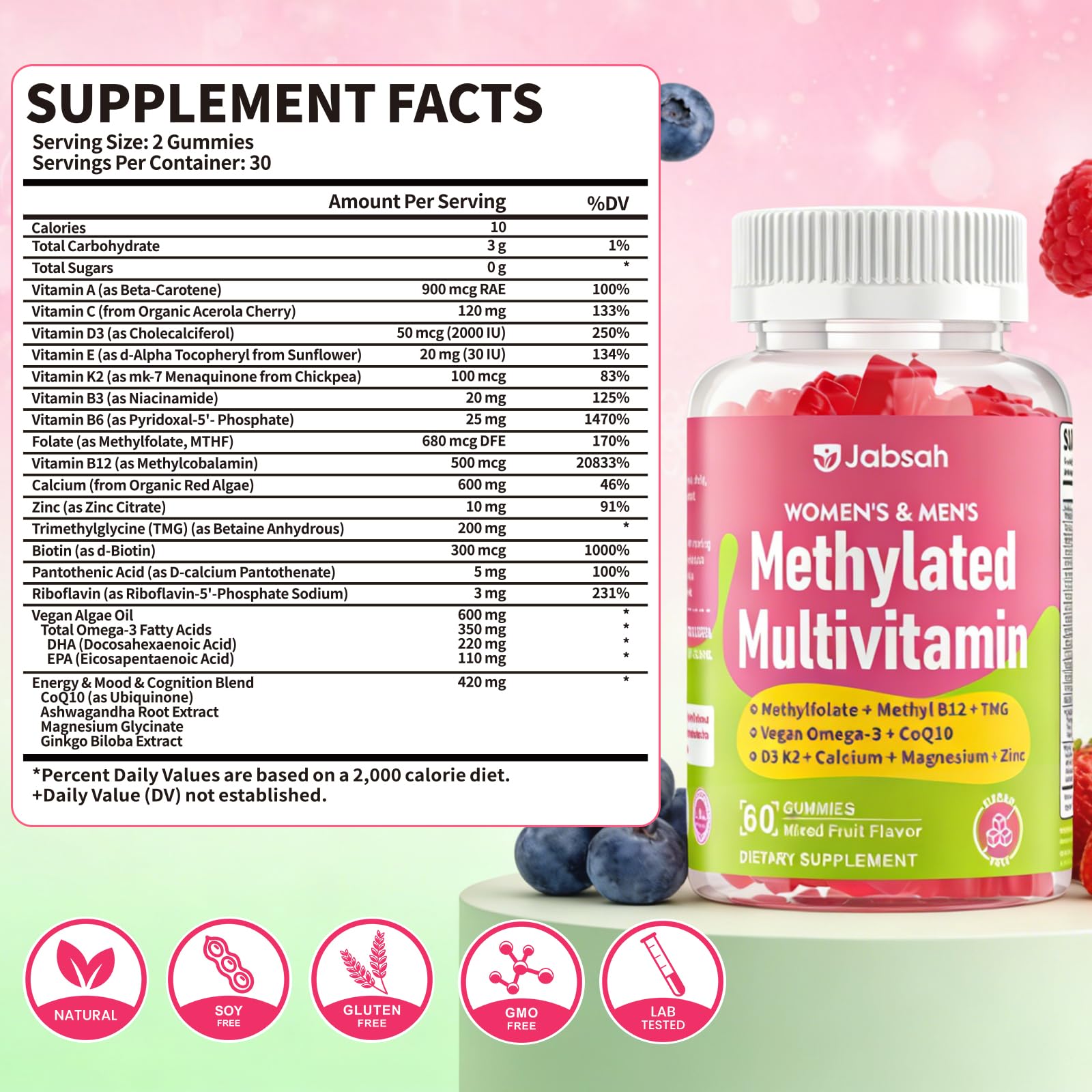 Methylated Vitamin B Complex Gummies for Women & Men, Multivitanins Gummy with Vitamin A, C ,E, Methylfolate & B12, TMG, Calcium, D3 K2 Jabsah buy supplements canada