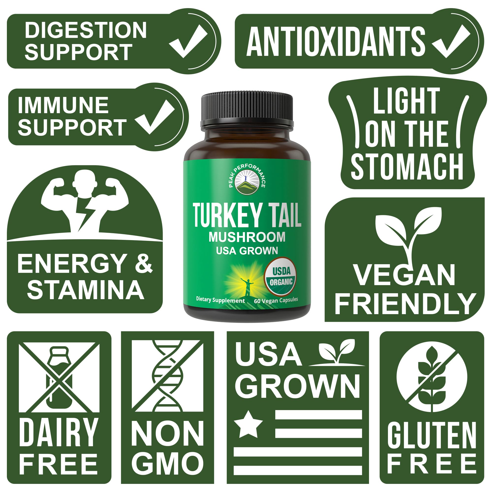 Peak Performance Organic Turkey Tail Capsules - USA Grown Made with Real Turkey Tail Mushroom. Immune System Support Naturally Harvested Mushroom Supplements for Immunity. Vegan Supplement Extract Peak Performance buy supplements canada