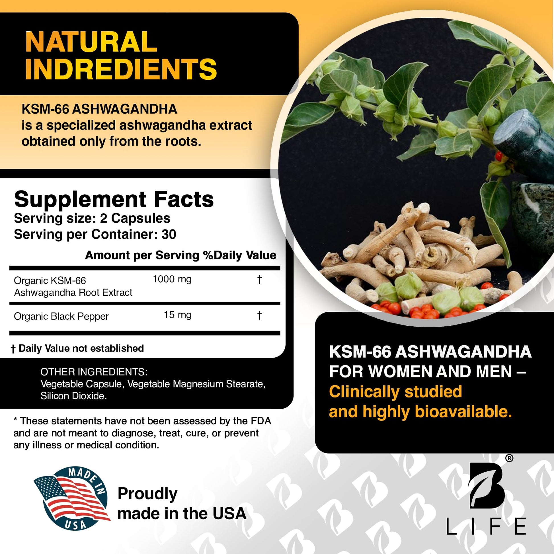 Organic Ashwagandha KSM-66 1000 mg Supplement | Adaptogen for Cortisol Support & Stress Relief | Mood, Calm & Sleep Aid for Men & Women | Ashwagandha ritual vitamins for women | 60 Vegan Caps B Life Company buy supplements canada