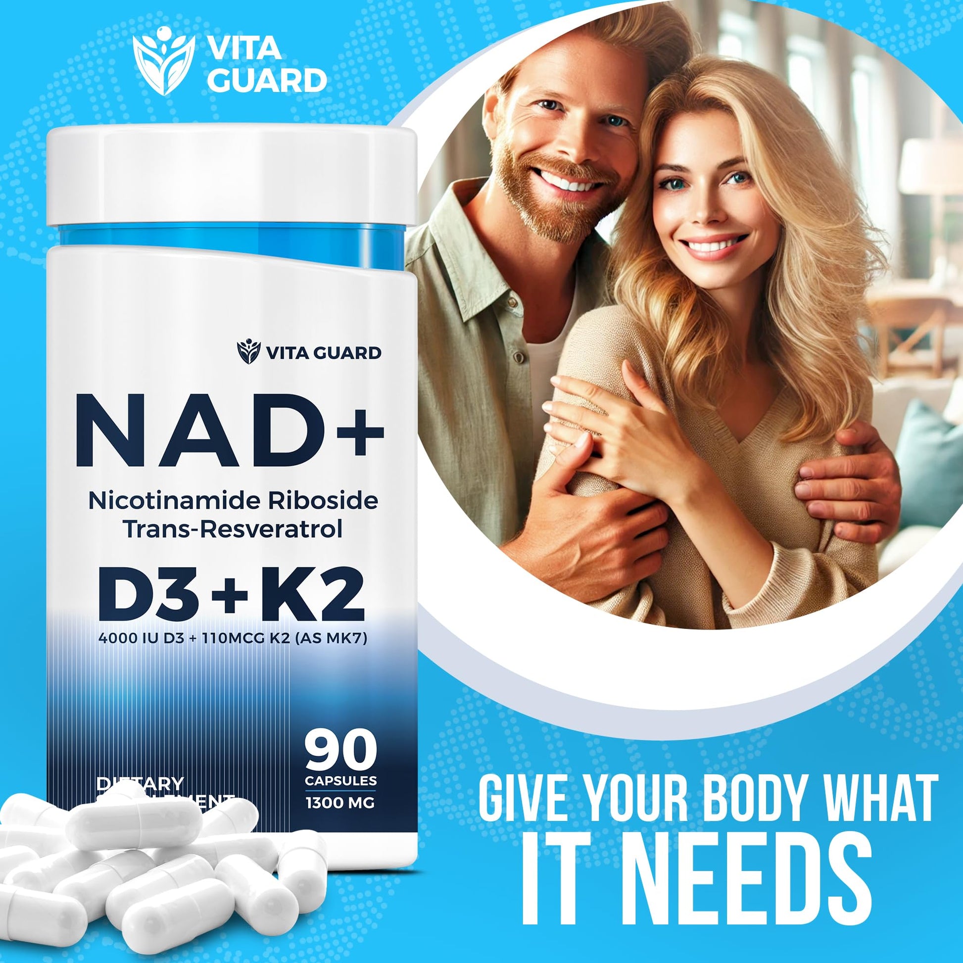 Anti-Aging Energy NAD Supplement – NMN Alternative with Nicotinamide Riboside 1000mg, Trans-Resveratrol 300mg, Vitamin D3 4000 IU and K2 110 mcg MK7 – Vegetarian 60 Capsules, 1300mg Vita Guard buy supplements canada