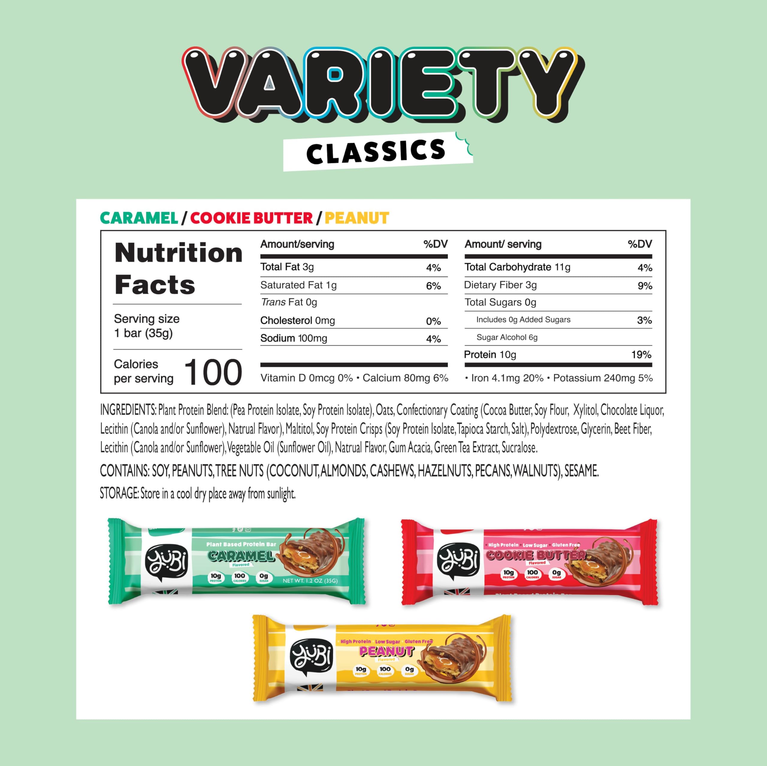 YuBi Bars - Protein Bars - 12 Bar Variety Pack - 100 Calories, 10g of Protein, Low Sugar, Low Carb, Palm Oil Free/Non-GMO, Gluten Free, Dairy Free, Healthy Snack, Non-GMO - 14.8oz (12 Pack, Variety Box) Yubi Bar buy supplements canada