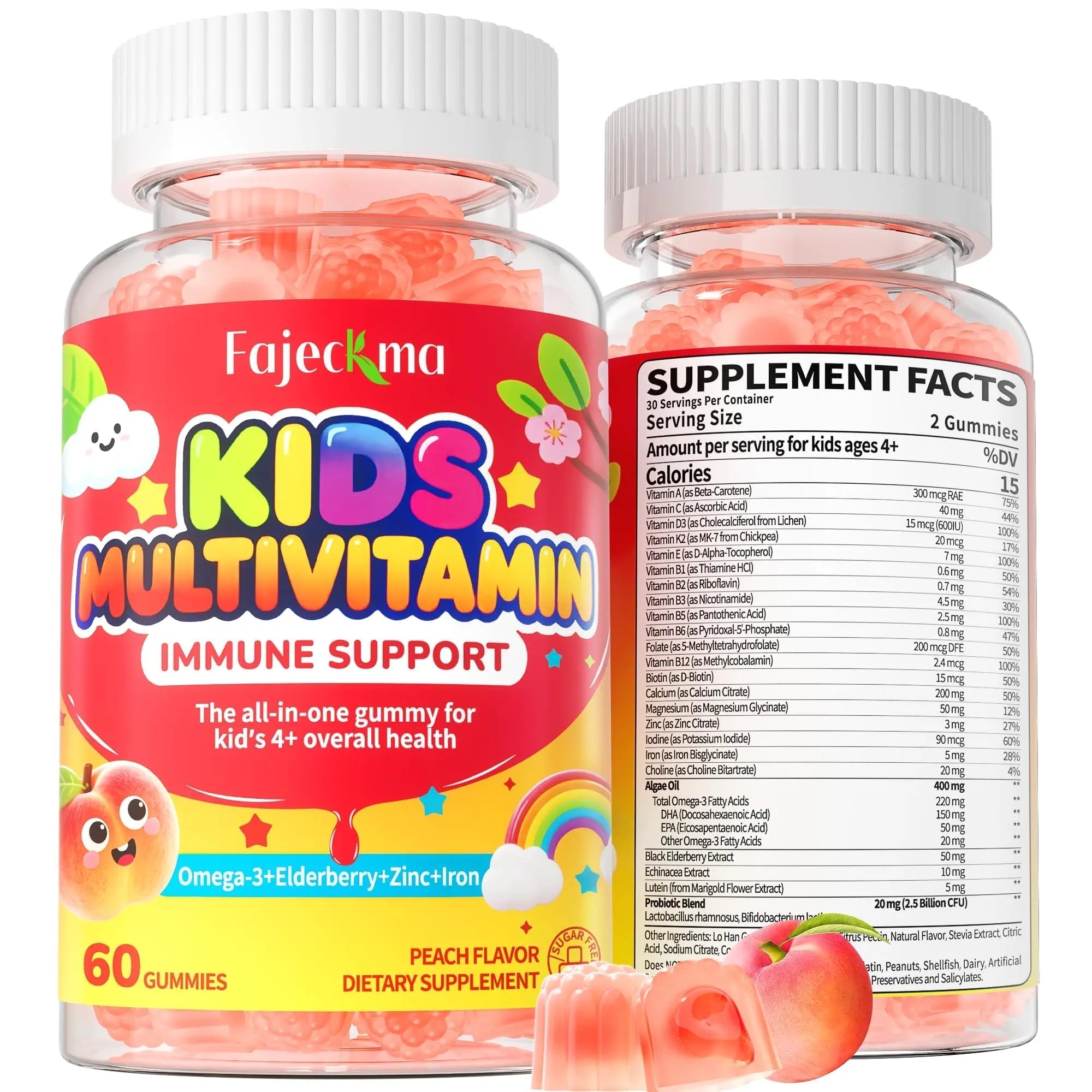 Fajeckma Organic Kids Multivitamin Gummies: Sugar Free Multi Vitamin Gummy with Vitamins D3 Iron Omega Probiotic Elderberry Calcium Zinc Dha Fajeckma buy supplements canada