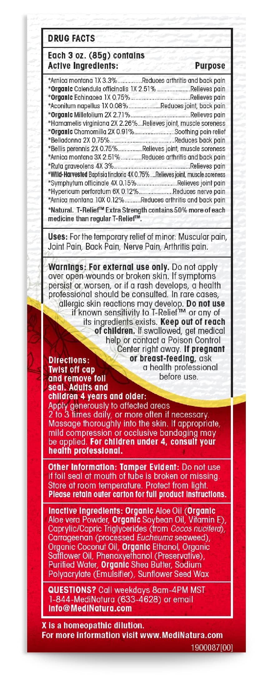 MediNatura T-Relief Extra Strength Cream Arnica +12 Natural Relieving Actives for Back Pain Joint Soreness Muscle Aches & Stiffness, Whole Body Fast Acting Relief for Women & Men - 3 oz MediNatura buy supplements canada