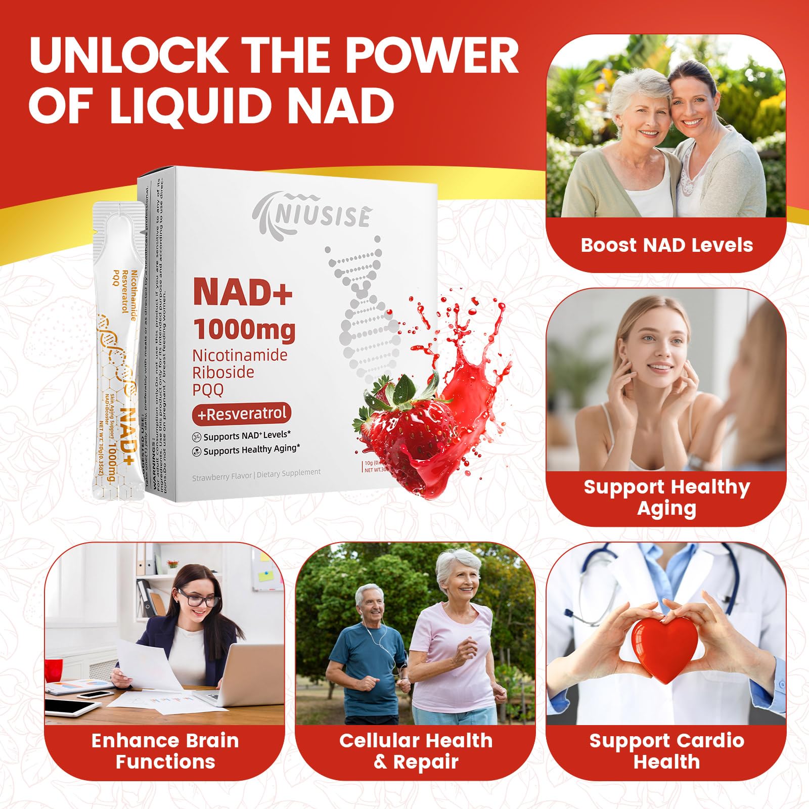 NIUSISE NAD Supplement, NAD+ Liquid, 1000mg Enhanced Formula with PQQ, Nicotinamide Riboside & Resveratrol, Advanced Anti-Aging Support for Men & Women, Sustained Energy, Vitality Boost (30 Packets) NIUSISE buy supplements canada