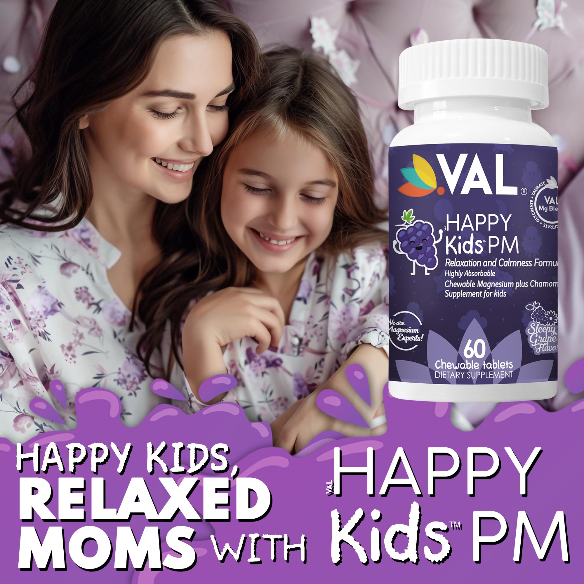 VAL Kids PM Magnesium Gummies | Sugar-Free Chewable Tablets with Chamomile, Magnesium Glycinate + Citrate + Taurate | Vitamin B6 & C | Natural Grape Flavor | Sleep & Calm Support | 60 Ct | Ages 4+ VAL buy supplements canada