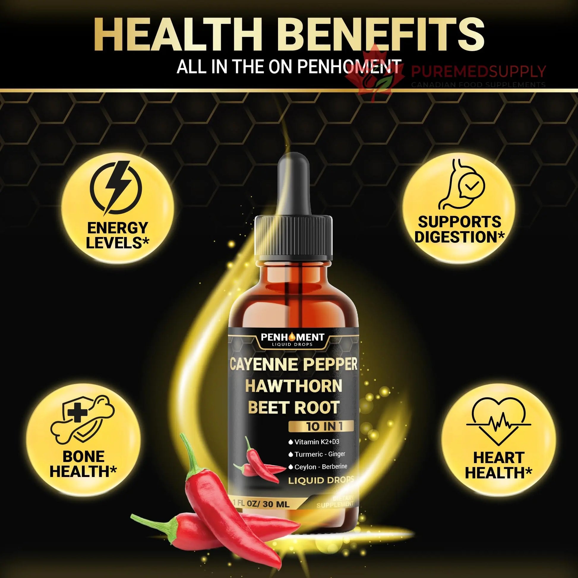 Penhoment 2 Packs - 2700 mg 10in1 Cayenne Pepper Liquid Drops with Hawthorn Berry, Vitamin D3 K2, Beet Root, Ginger Turmeric, Ginger, Ceylon Cinnamon, Berberine, and Ginseng - 2 Months Penhoment buy supplements canada