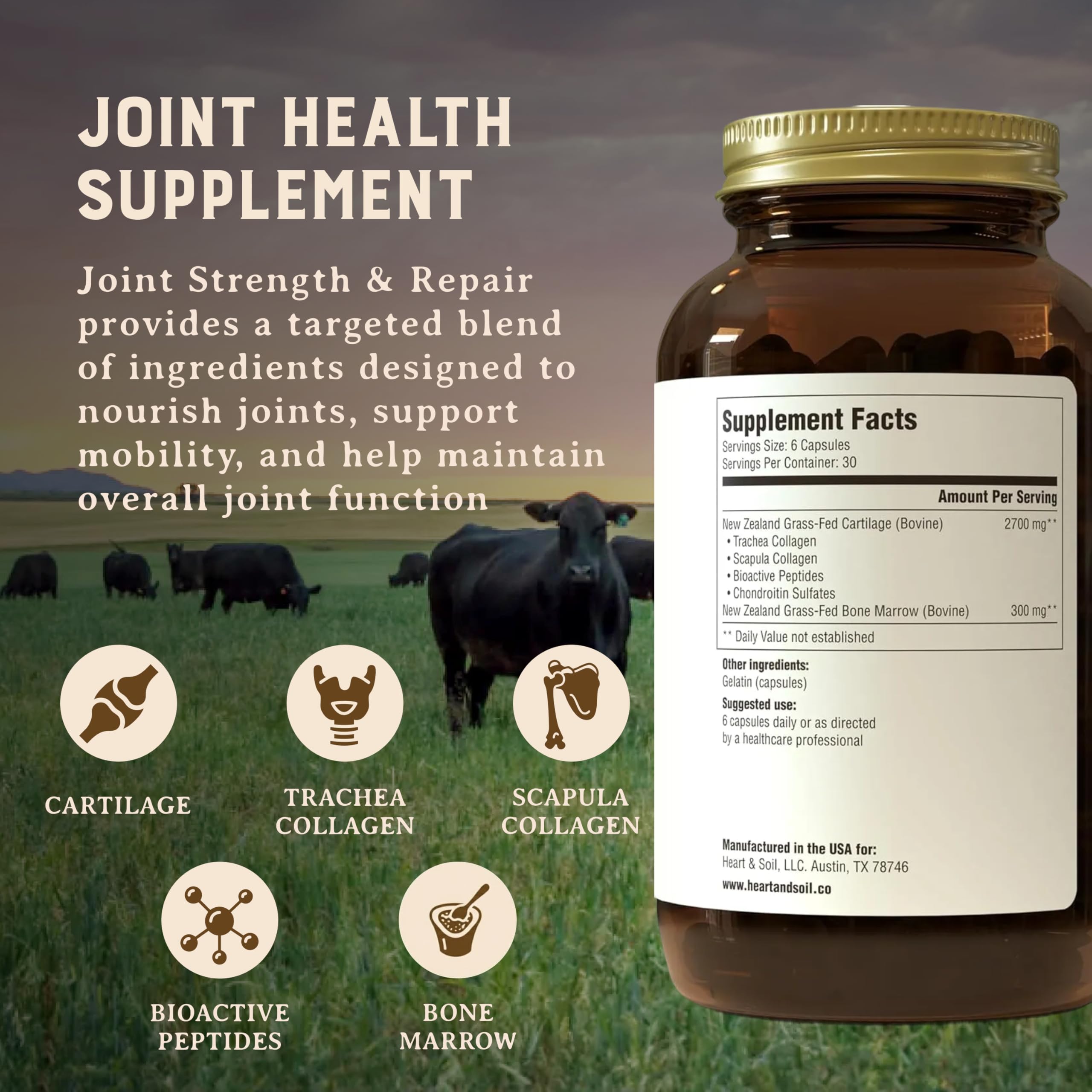 Heart & Soil 100% Grass Fed & Finished Joint Support Supplement from Regenerative Cattle with Trachea, Scapula & Bone Marrow – Supports Joint Strength & Mobility – 3000mg – Glass Bottle – 180 Capsules HEART & SOIL buy supplements canada