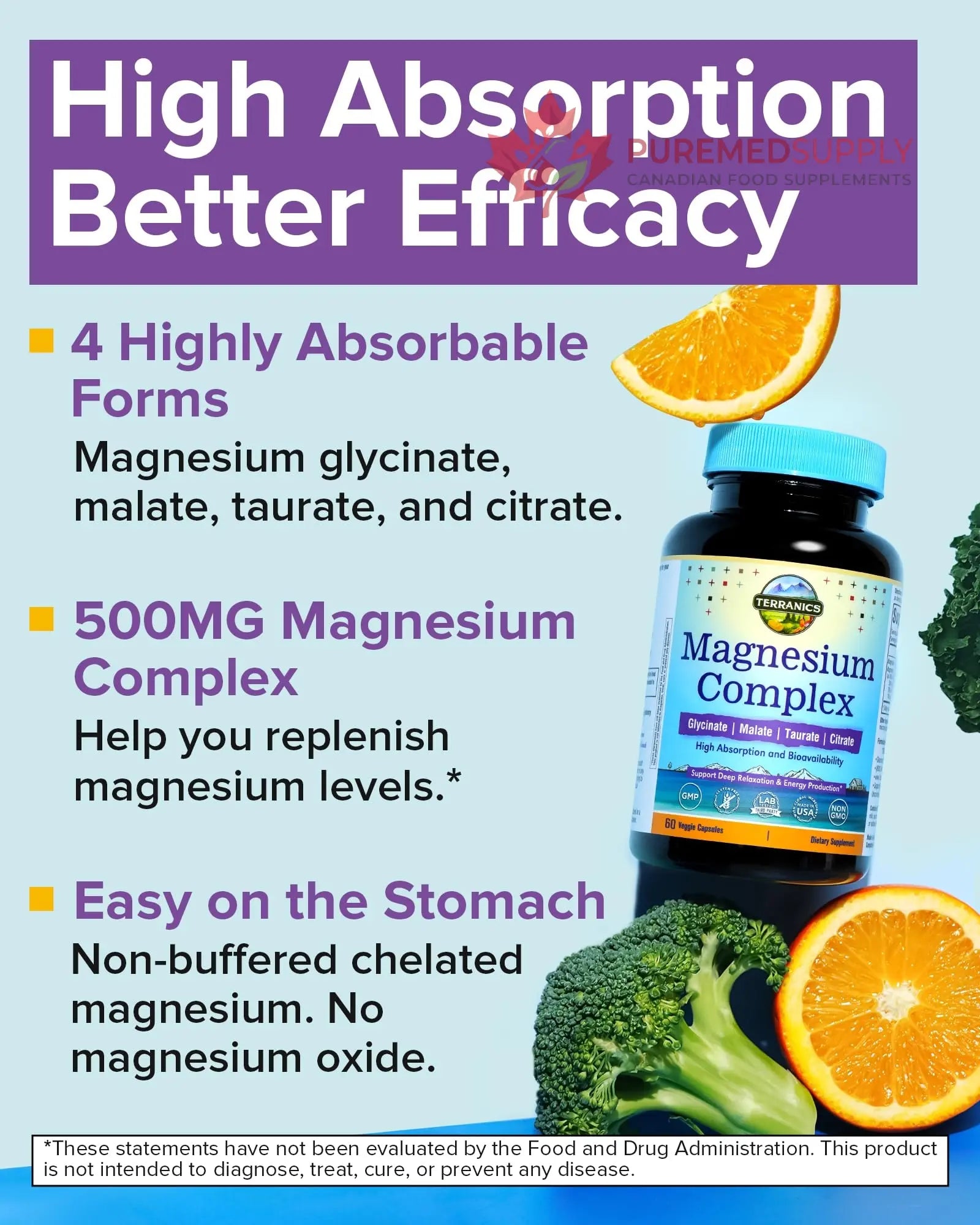 Terranics Magnesium Complex 500mg, Glycinate, Malate, Taurate, Citrate, Chelated Purified Easily Absorbed Magnesium Supplement for Sleep, Heart, Energy, Digestion Support, 60 Capsules Terranics buy supplements canada
