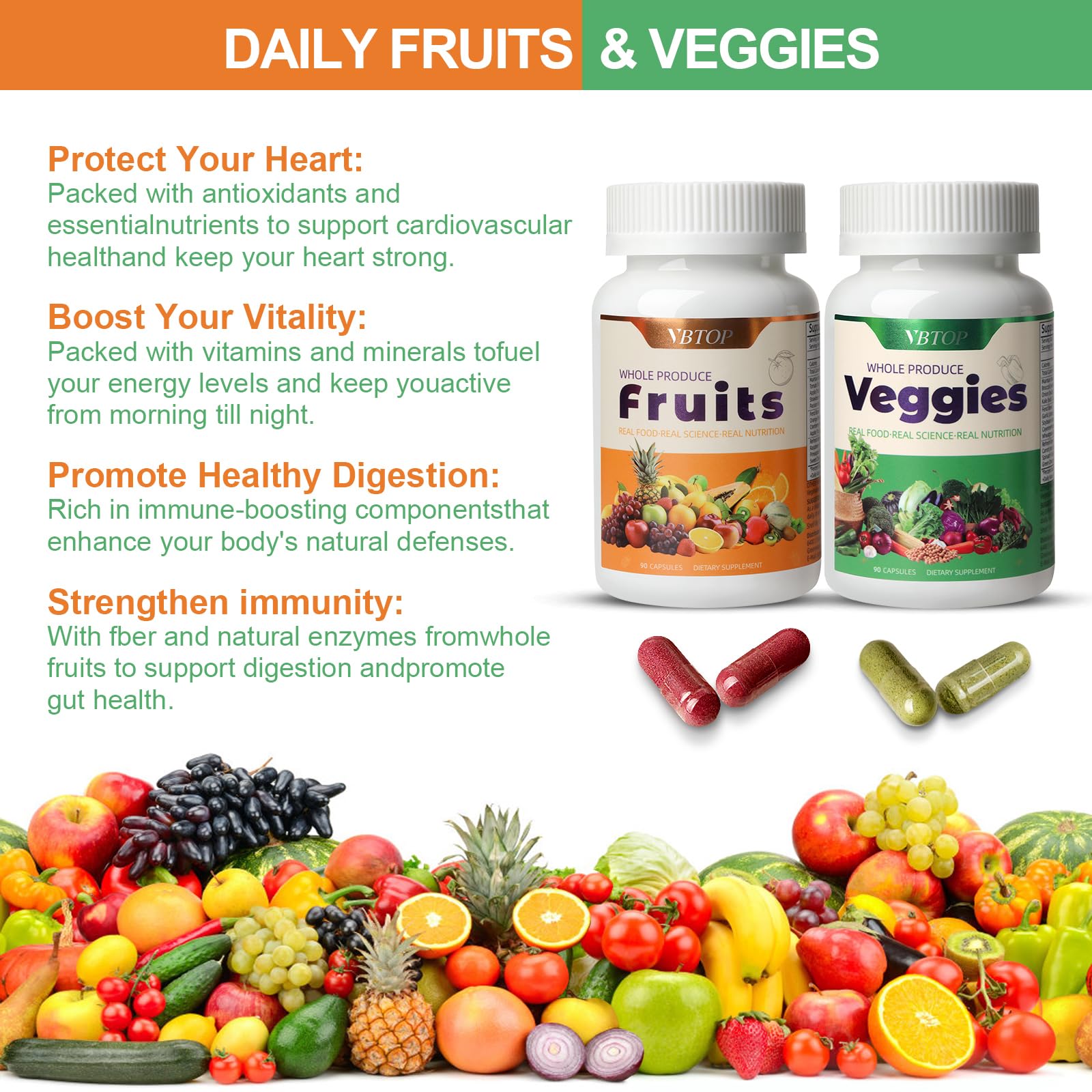 VBTOP Fruit & Vegetable Supplement - Natural Ingredients - 2 Bottles - 180 Capsules Total | A Blend of 20+19 Natural Whole Fruits & Vegetables, a Fresh superfood Formula Rich in Vitamins and Minerals VBTOP buy supplements canada
