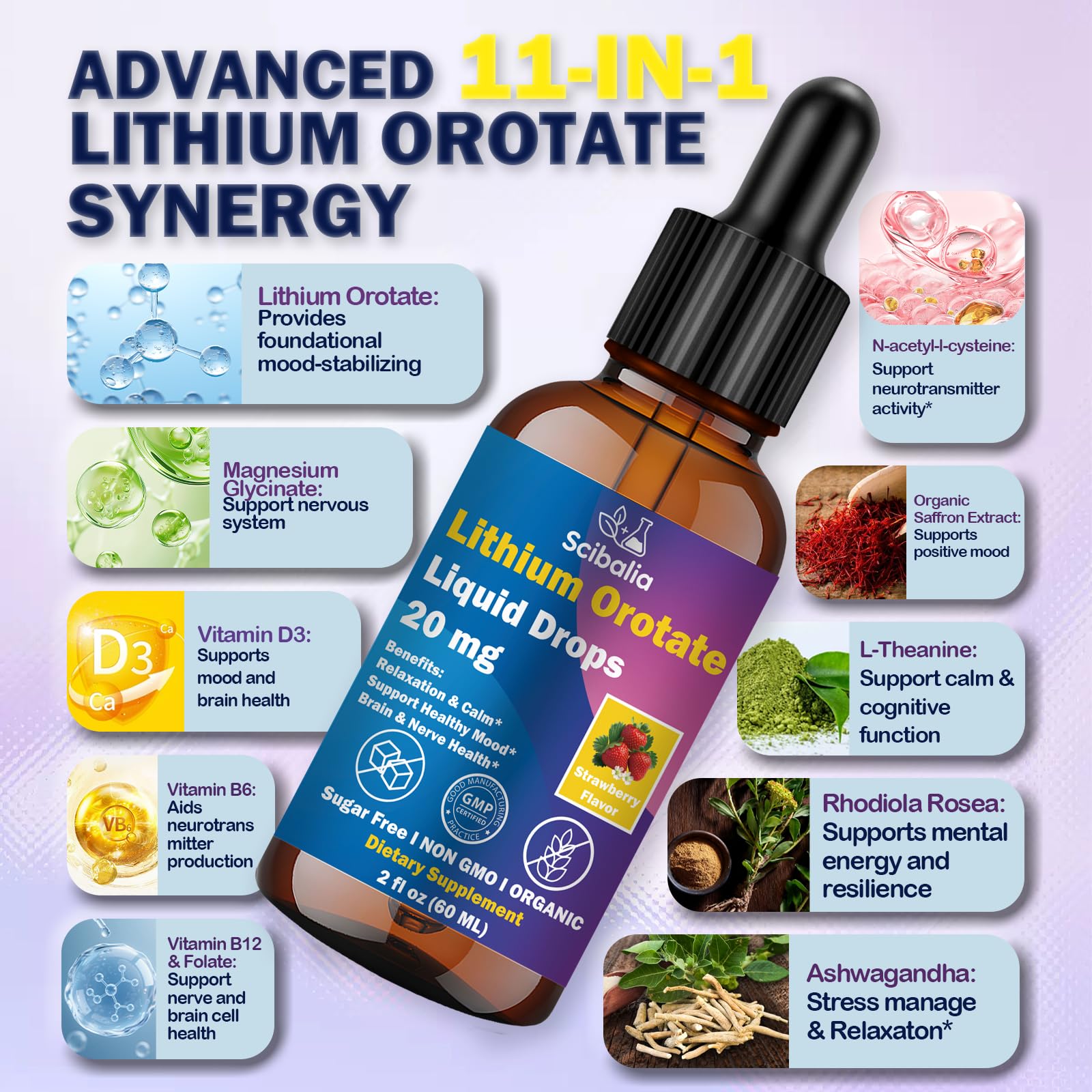 Scibalia Lithium Orotate Liquid Drops 20mg, Potency 11-in-1 Lithium Supplement w. NAC Magnesium Ashwagandha Theanine Vitamin D3 B6 B12 for Memory Brain Mood Cognitive Support, Scibalia buy supplements canada