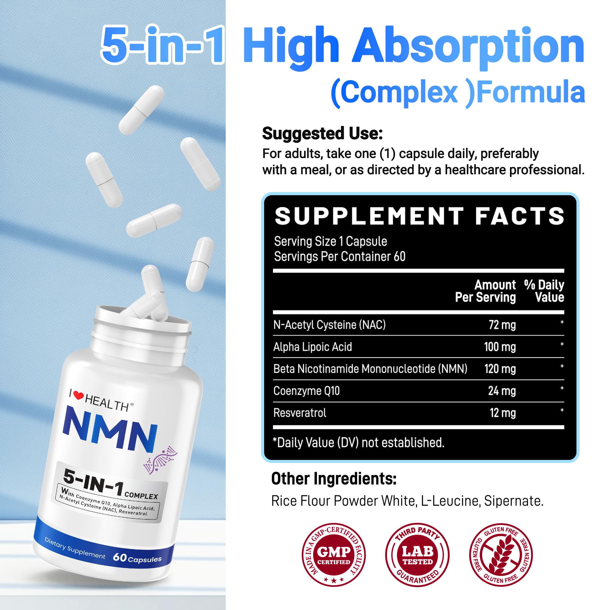 I LOVE HEALTH NMN Supplement, 5-in-1 Complex with NAC, Alpha Lipoic Acid, CoQ10 & Resveratrol - High Absorption Anti Aging Formula - Third Party Tested, cGMP, Gluten Free - 60 Capsules I LOVE HEALTH buy supplements canada