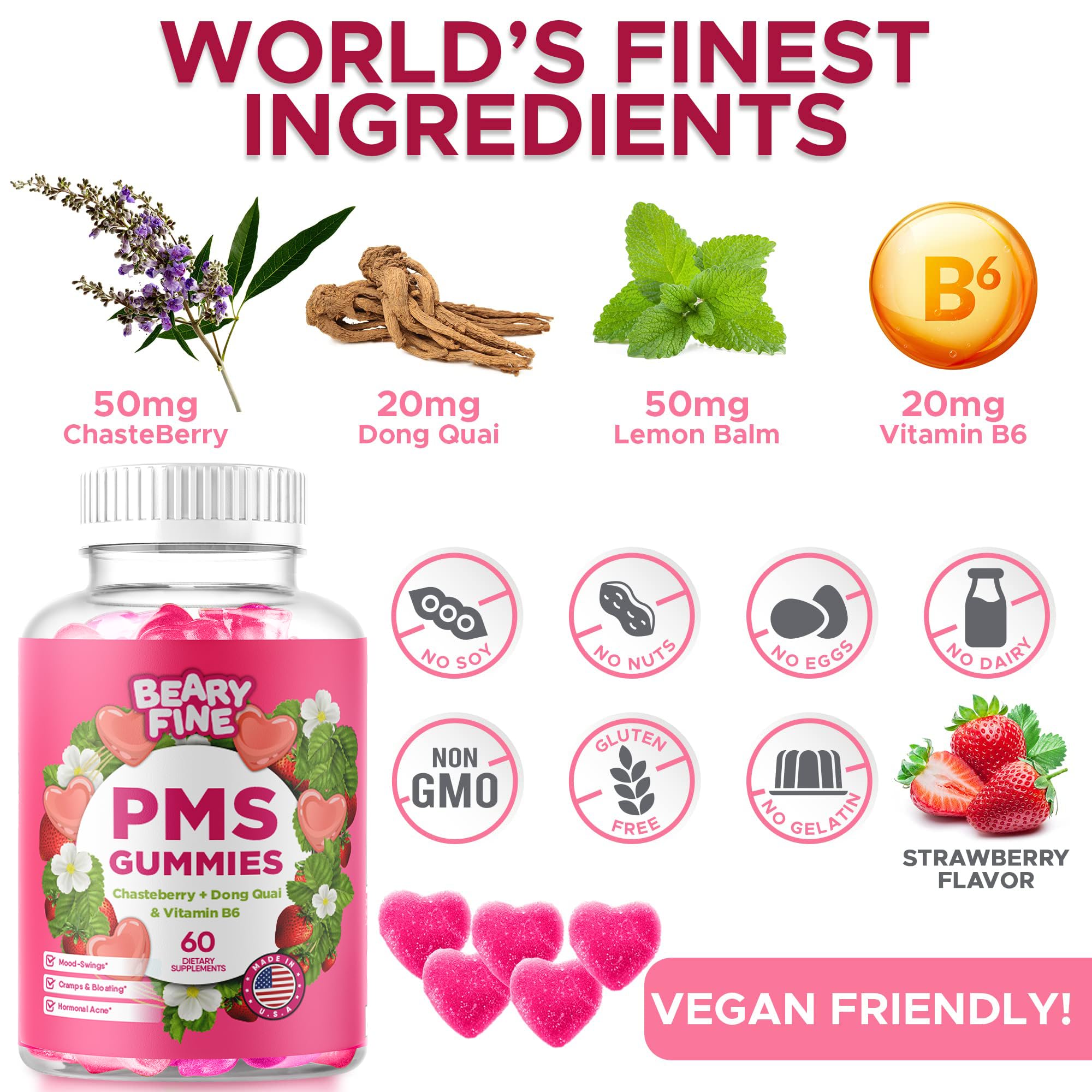 Beary Fine PMS Gummies - PMS Vitamins for Women & Teens - PMS Period Relief - Cramping, Bloating, Mood Swings - Made in The USA (Strawberry, 60 Count) Beary Fine buy supplements canada