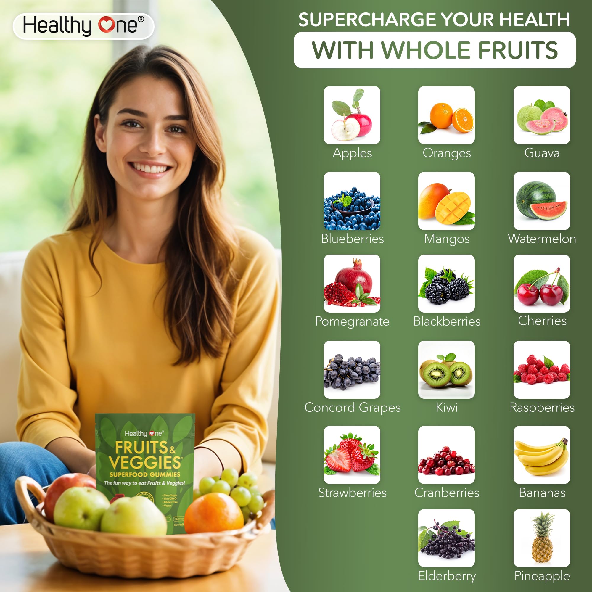 Fruits & Veggies Sugar-Free Gummies - 27 Whole Foods - Equals 3 Servings of Fruits & Vegetables - Improve Energy, Focus & Immune Function - Fiber - Antioxidants - Organic Ingredients - 14 Packets Healthy One buy supplements canada
