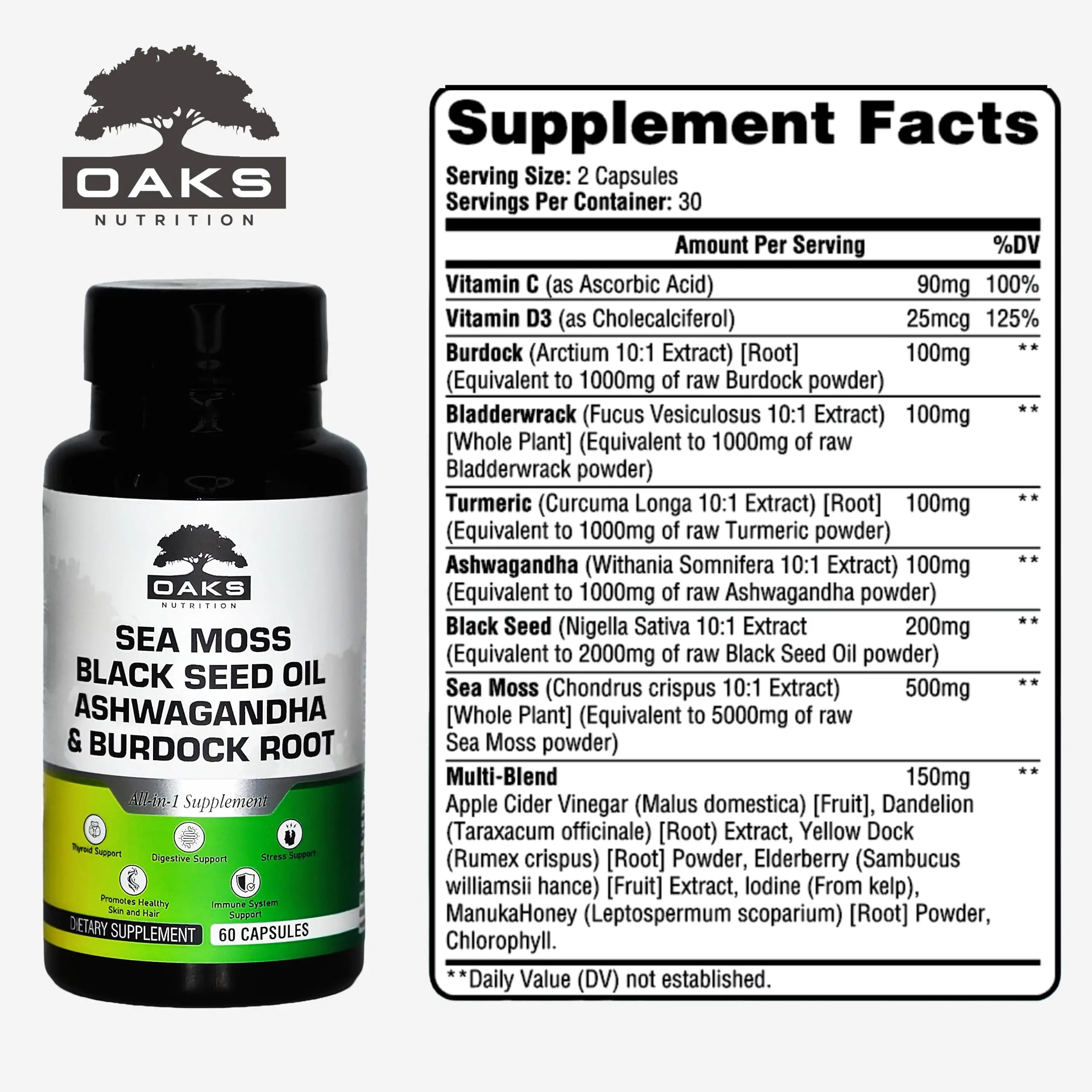 Oaks Nutrition Premium 15-in-1 Sea Moss Multivitamin with Black Seed Oil, Ashwagandha, Turmeric, Bladderwrack, Burdock, Elderberry Oaks Nutrition buy supplements canada