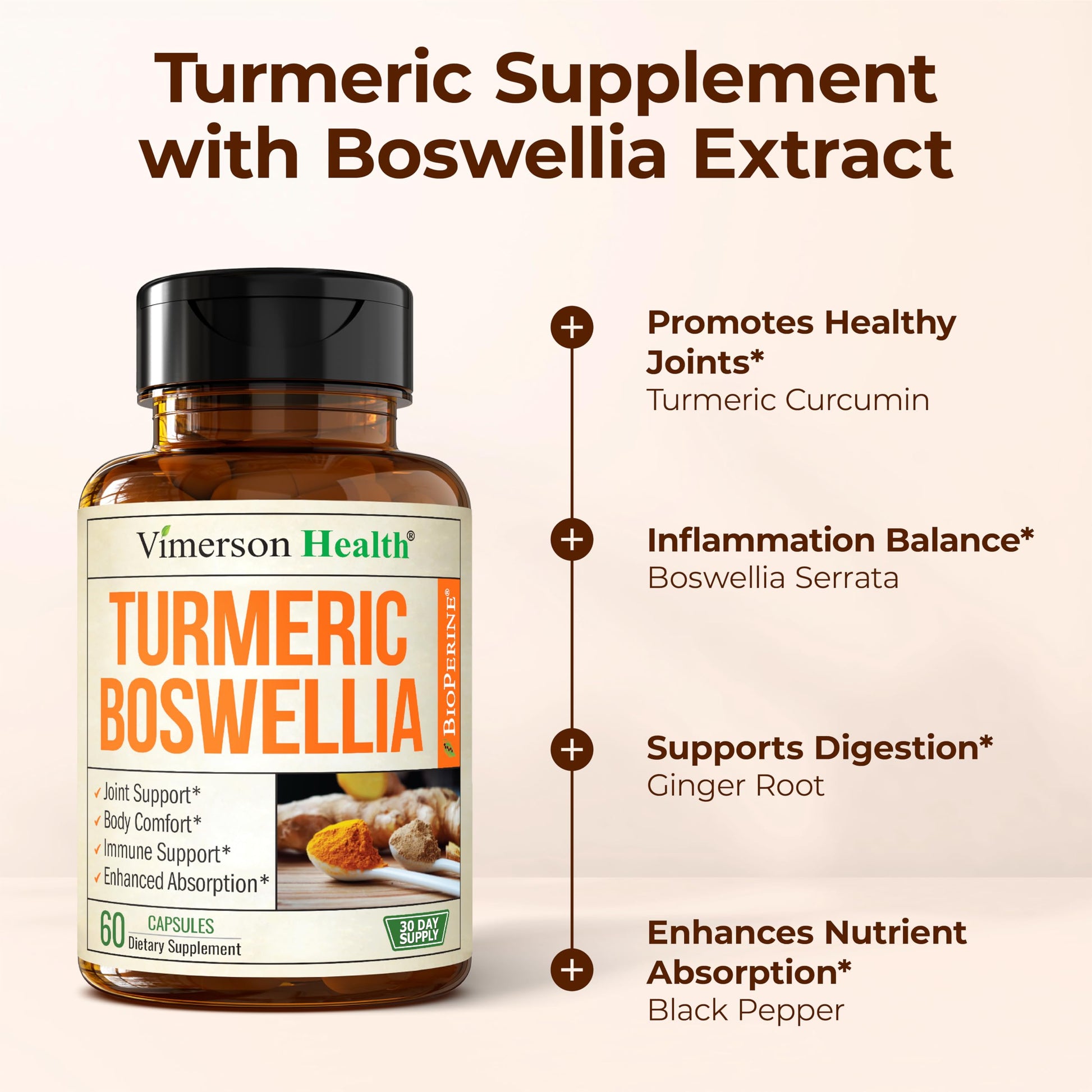 Turmeric Supplement w/Boswellia Serrata – Daily Support for Joint Health & Comfort – Organic Turmeric Curcumin Powder, Bioperine for Enhanced Absorption & Ginger Root – 60 Boswellia Extract Capsules Vimerson Health buy supplements canada